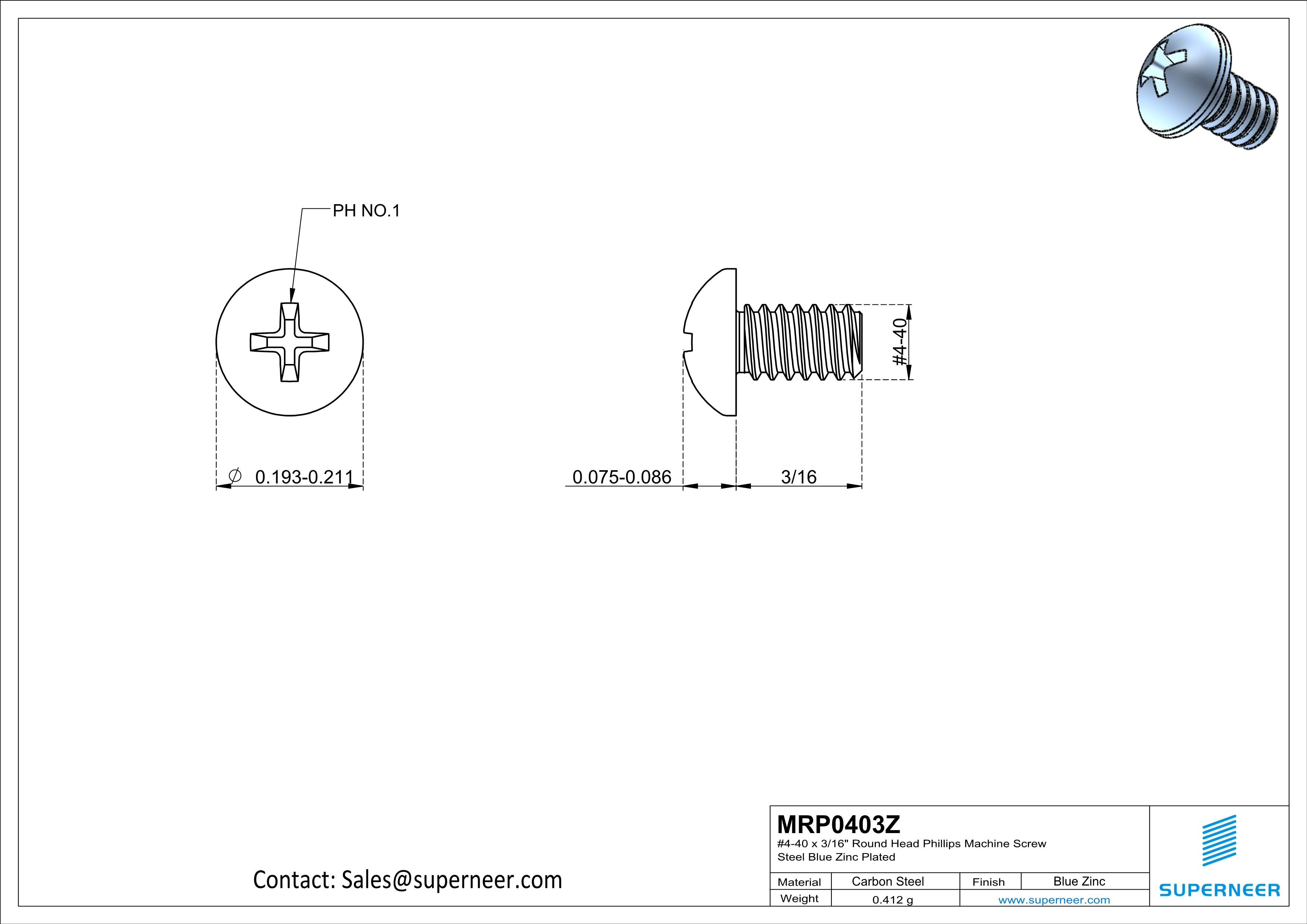 4-40 x 3/16" Round Head Phillips Machine Screw Steel Blue Zinc Plated