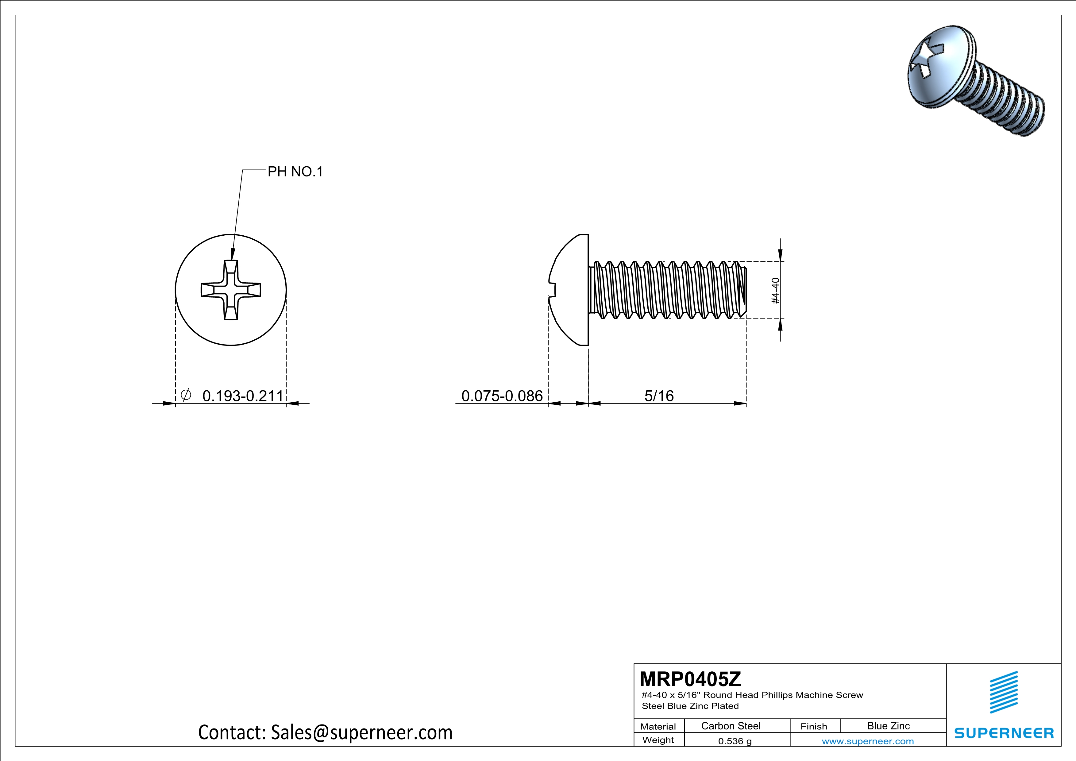 4-40 x 5/16" Round Head Phillips Machine Screw Steel Blue Zinc Plated