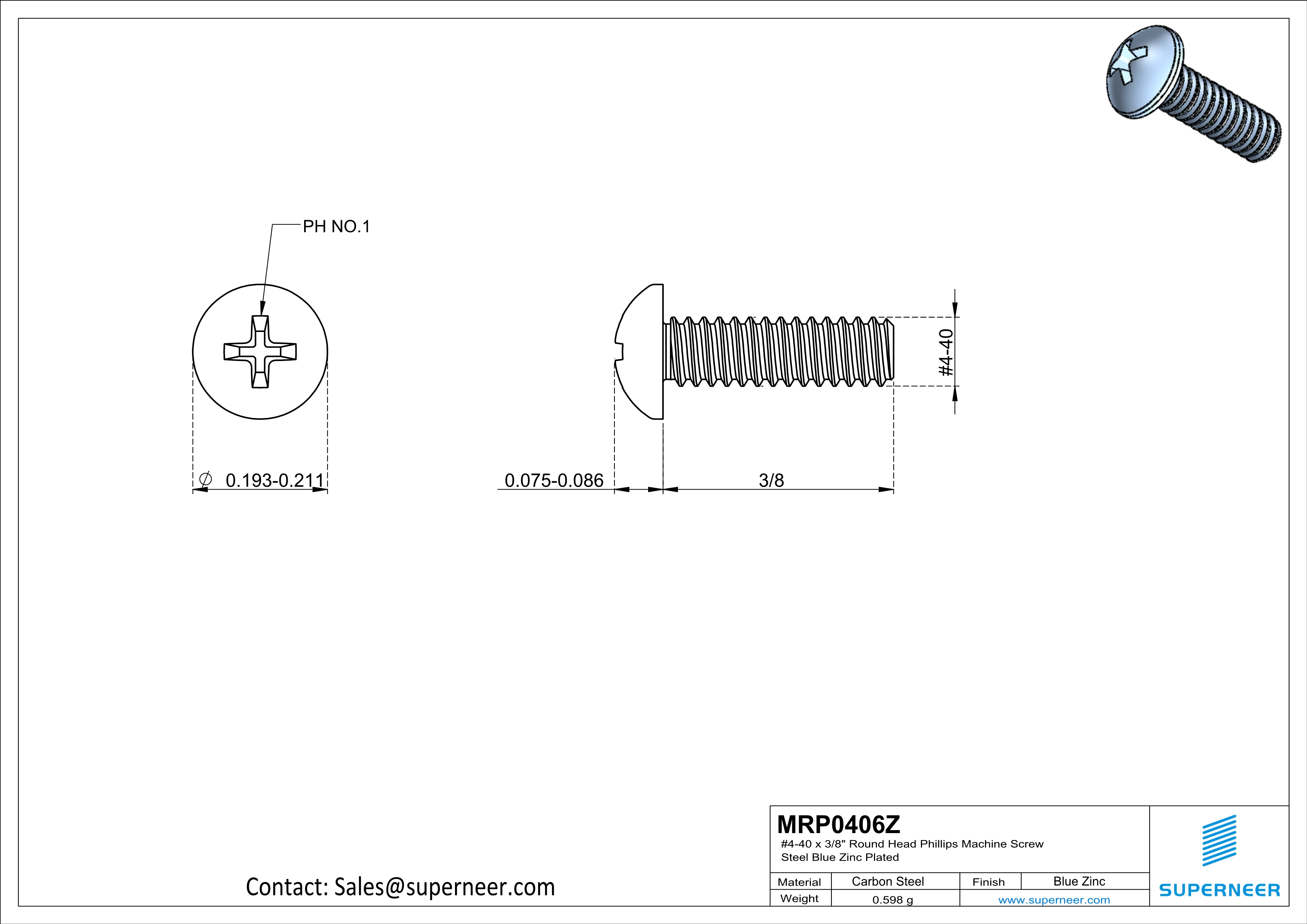 4-40 x 3/8" Round Head Phillips Machine Screw Steel Blue Zinc Plated