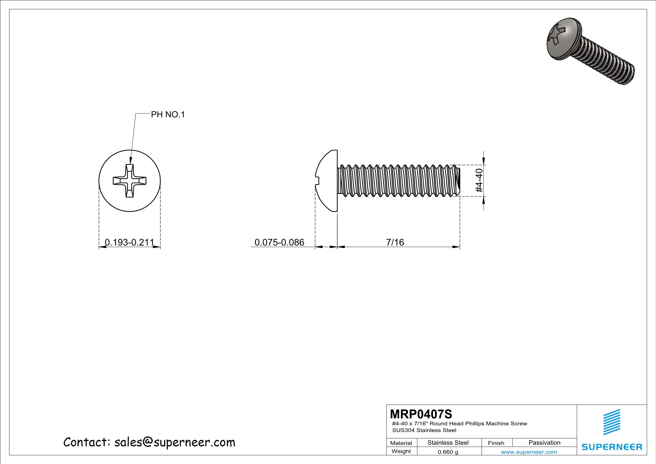 4-40 x 7/16" Round Head Phillips Machine Screw SUS304 Stainless Steel Inox