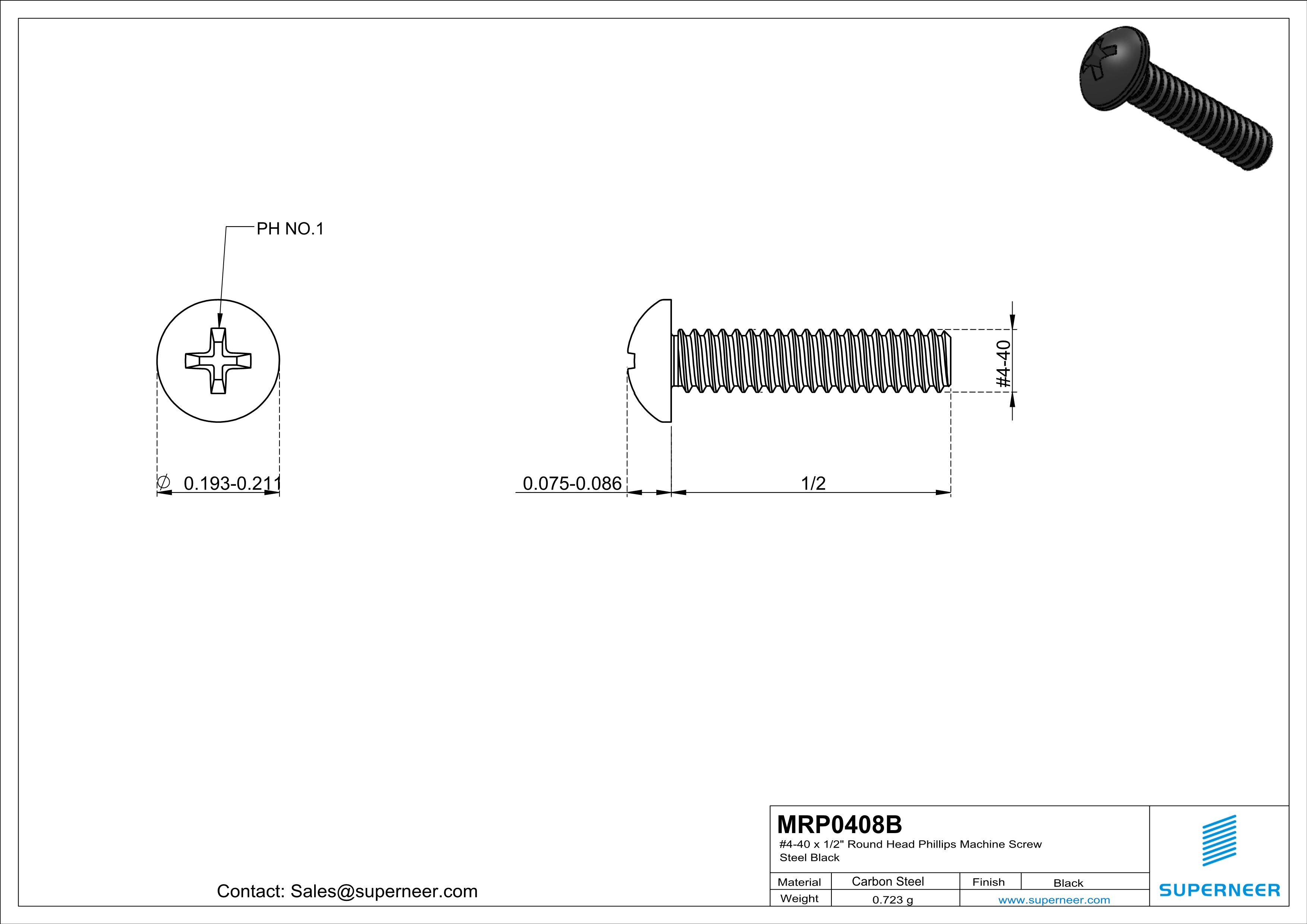 4-40 x 1/2" Round Head Phillips Machine Screw Steel Black