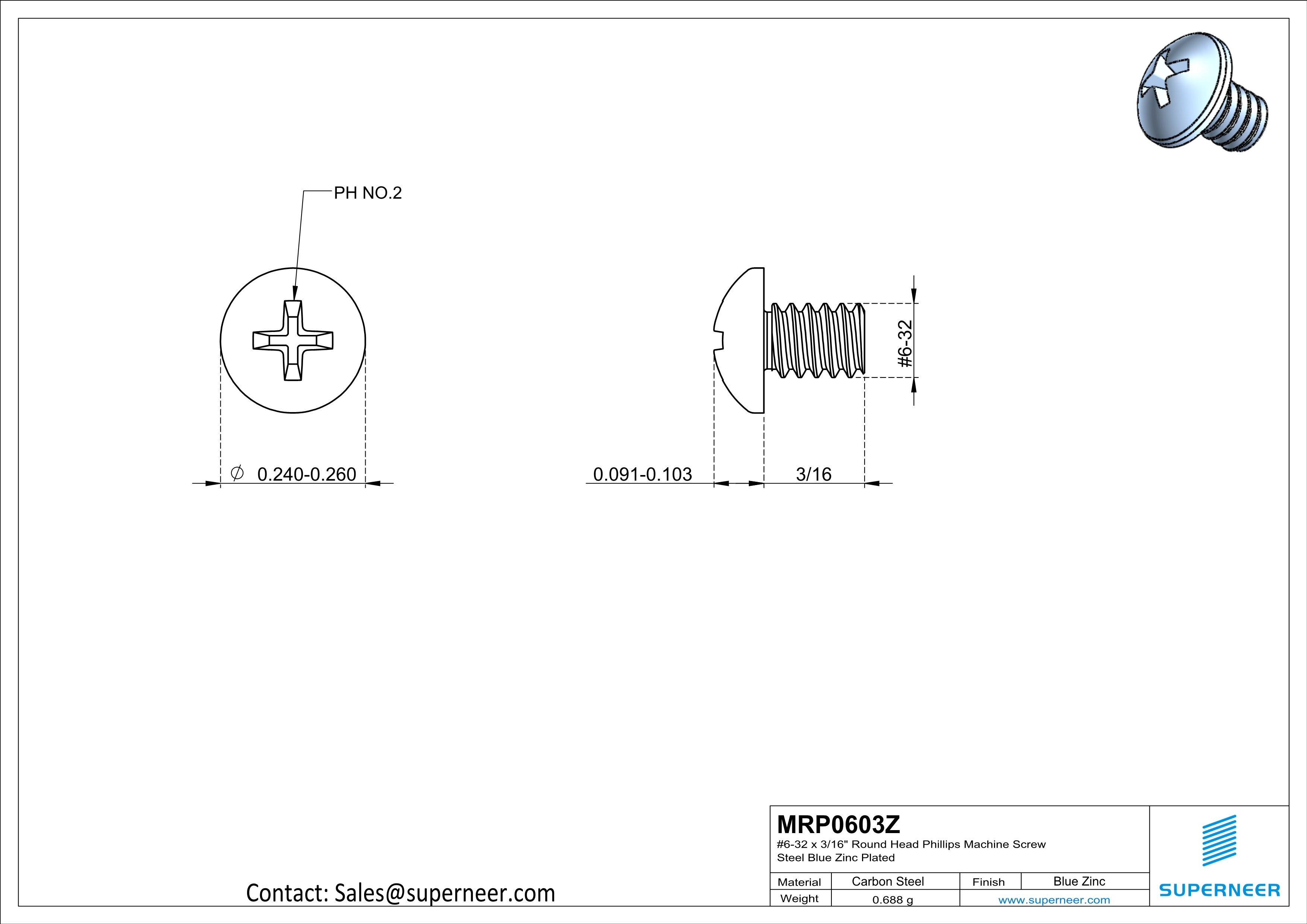 6-32 x 3/16" Round Head Phillips Machine Screw Steel Blue Zinc Plated