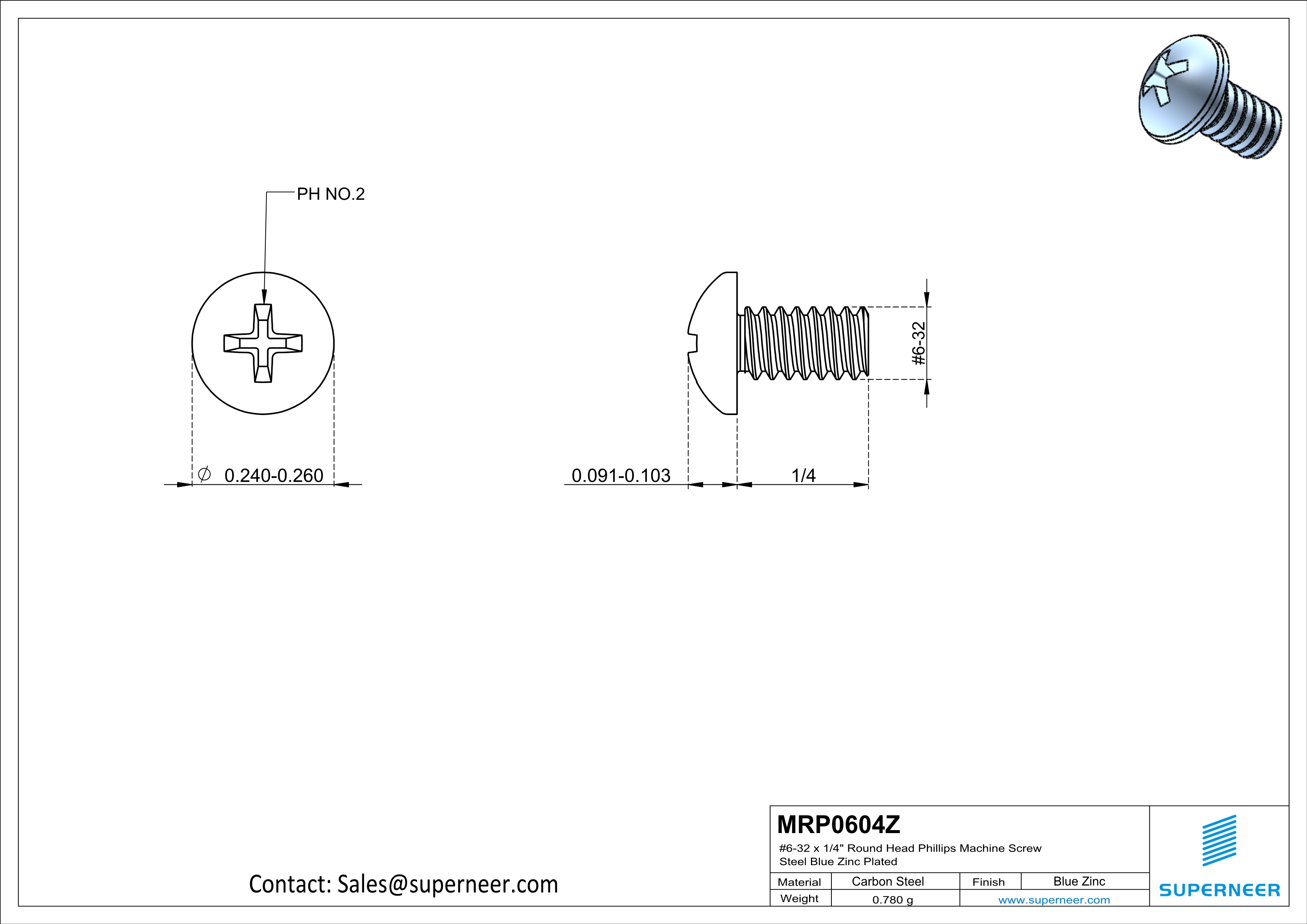 6-32 x 1/4" Round Head Phillips Machine Screw Steel Blue Zinc Plated