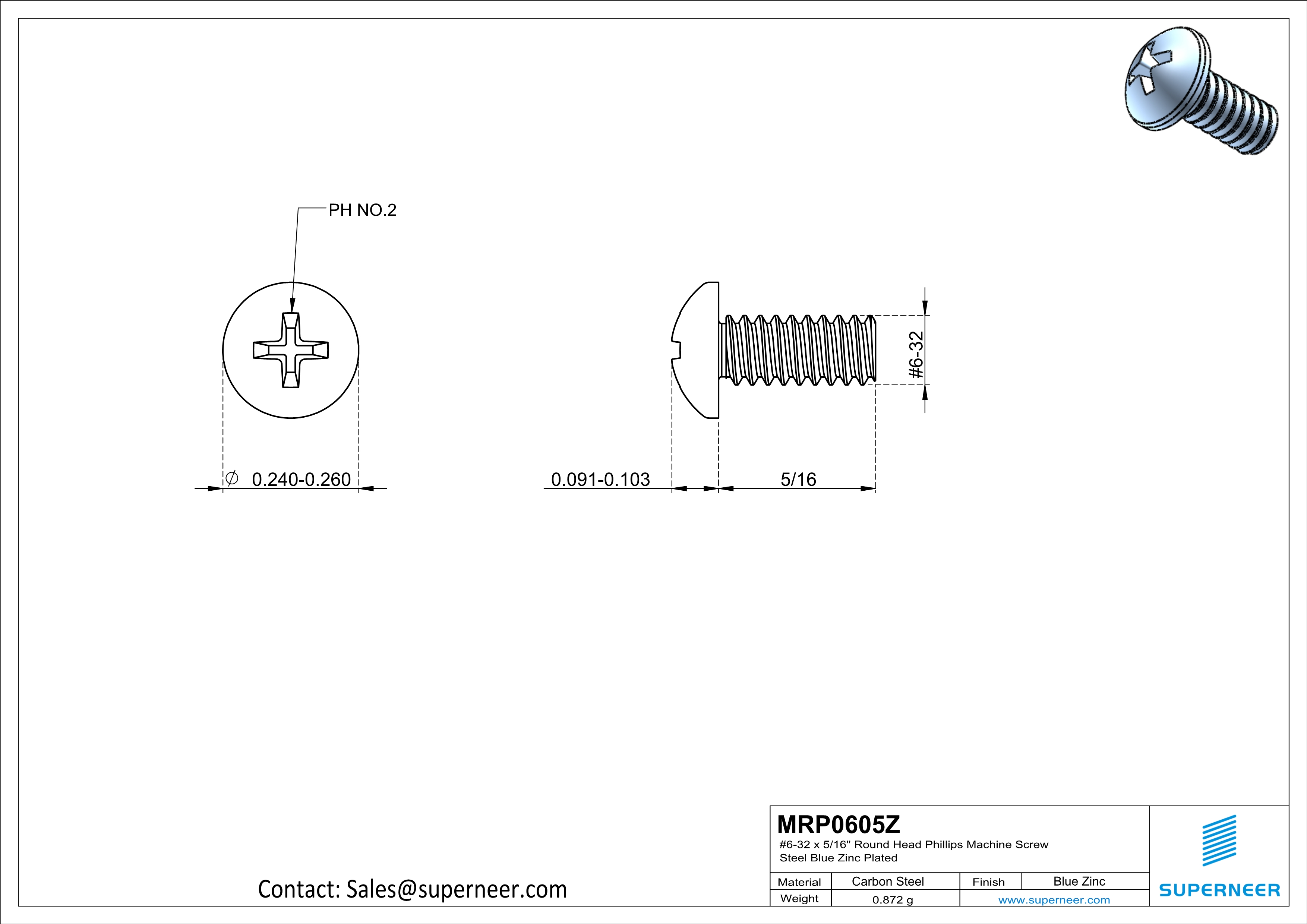 6-32 x 5/16" Round Head Phillips Machine Screw Steel Blue Zinc Plated