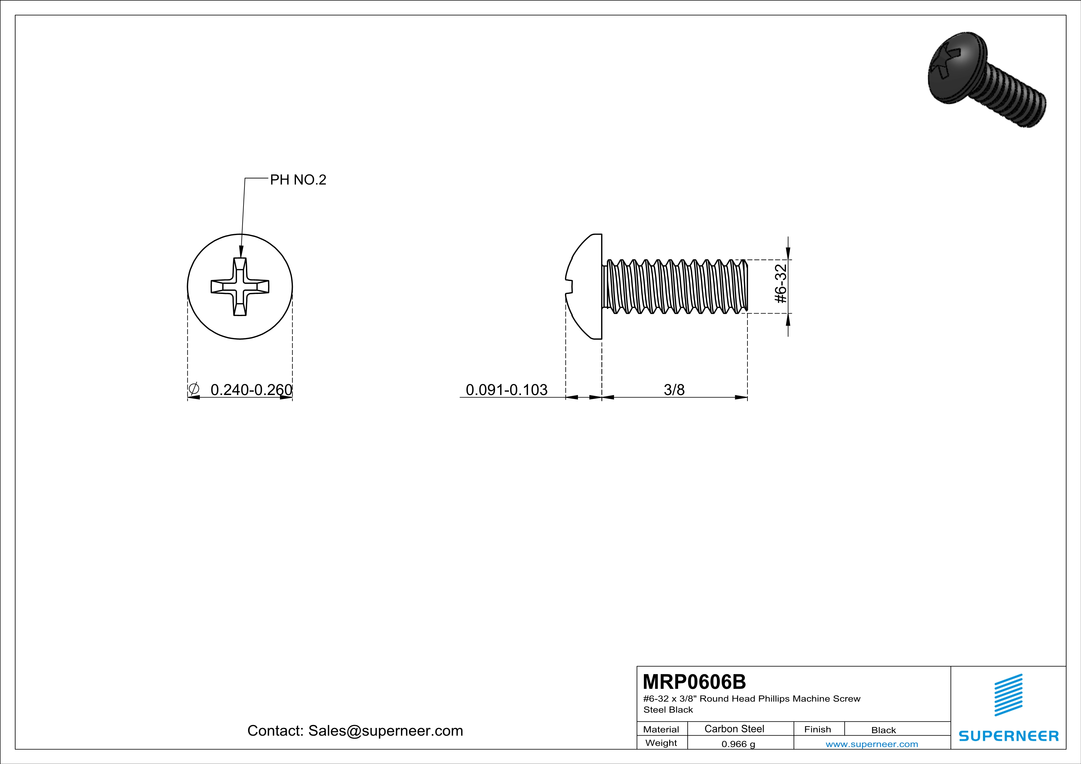 6-32 x 3/8" Round Head Phillips Machine Screw Steel Black