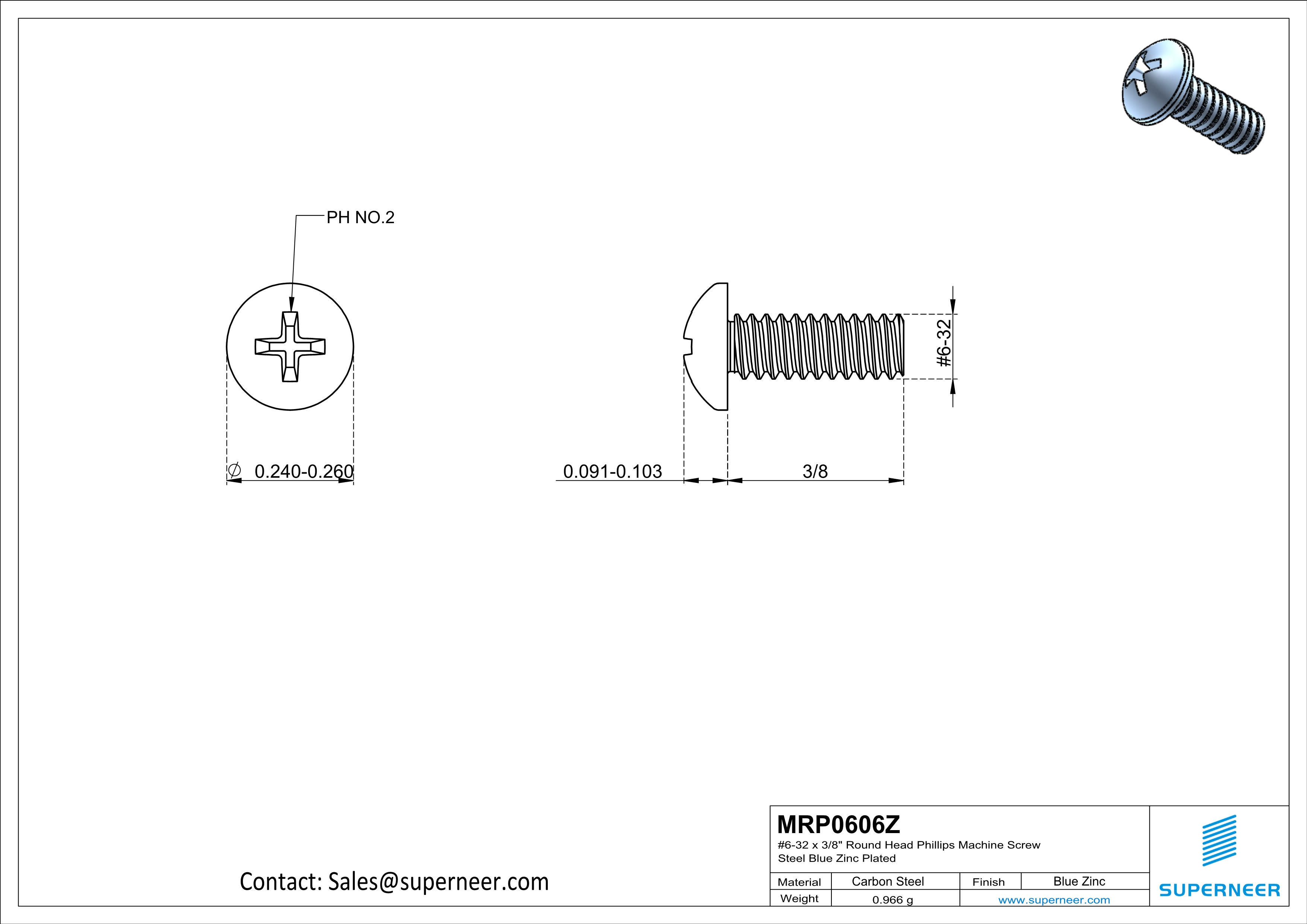 6-32 x 3/8" Round Head Phillips Machine Screw Steel Blue Zinc Plated