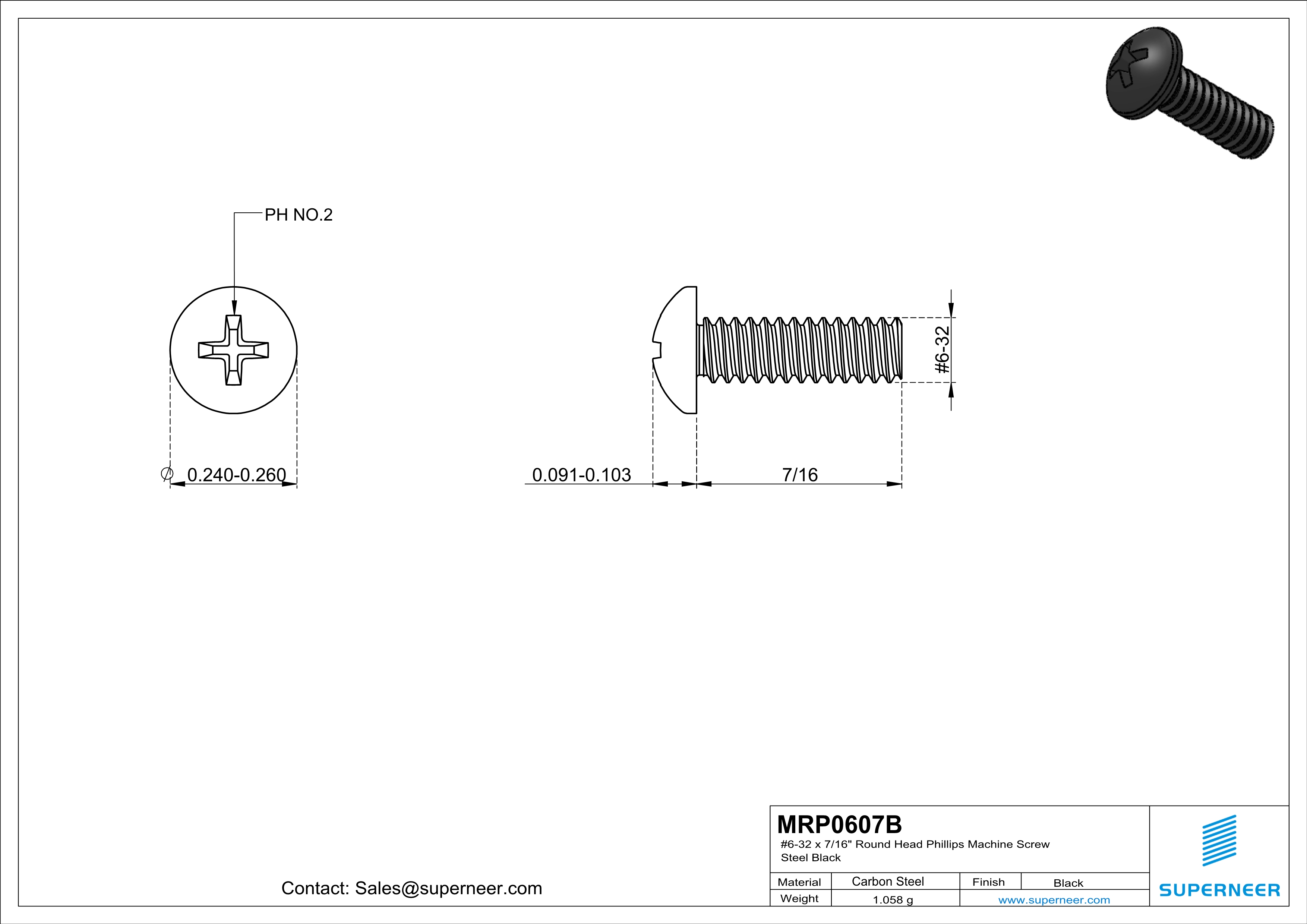 6-32 x 7/16" Round Head Phillips Machine Screw Steel Black