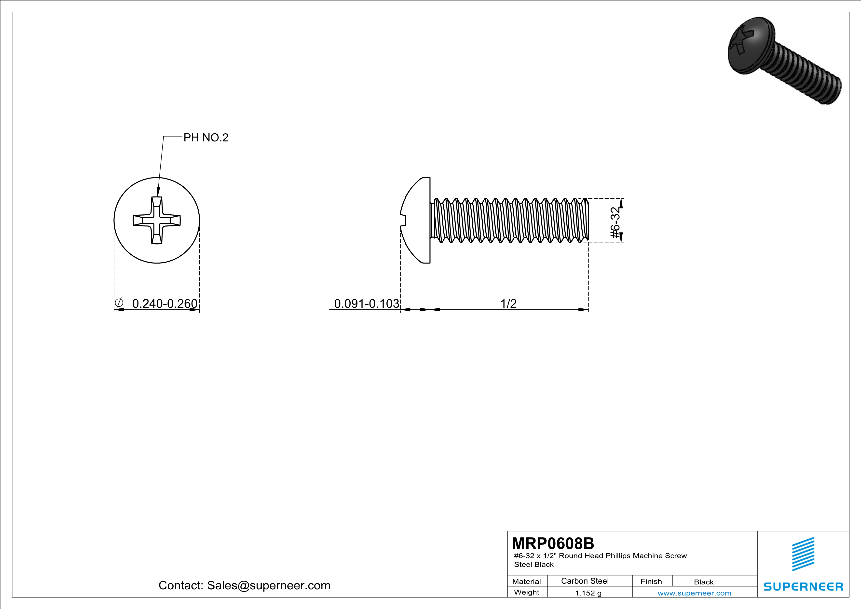 6-32 x 1/2" Round Head Phillips Machine Screw Steel Black