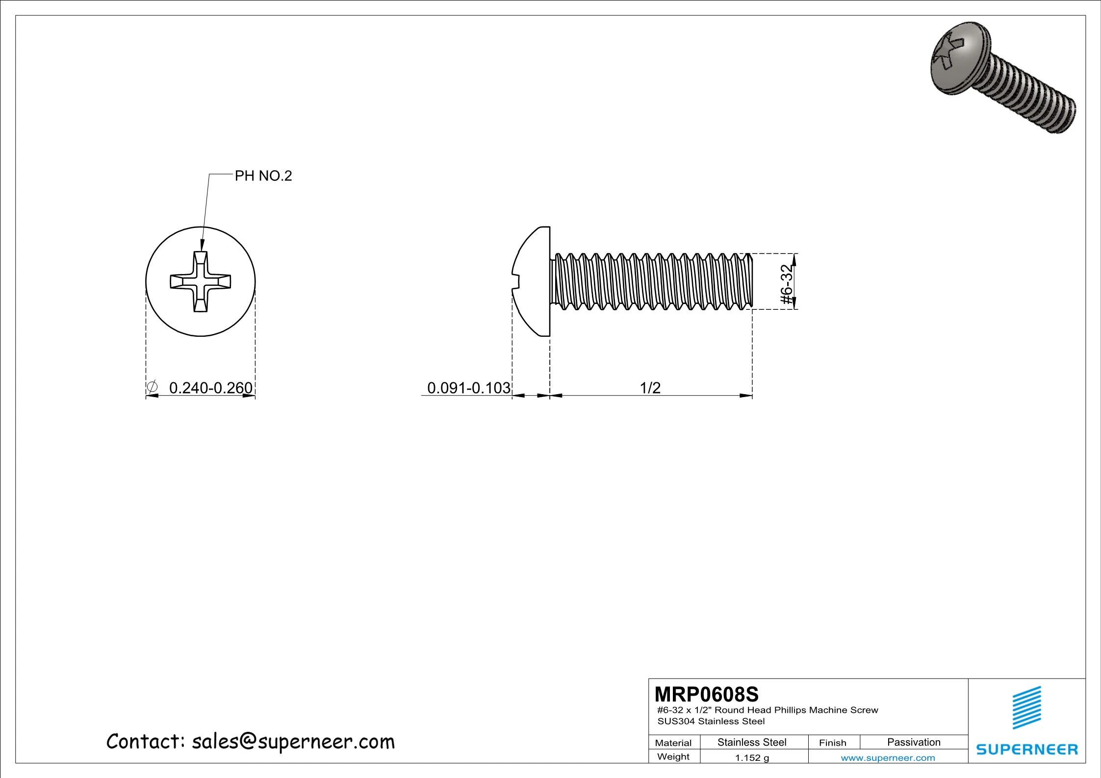 6-32 x 1/2" Round Head Phillips Machine Screw SUS304 Stainless Steel Inox