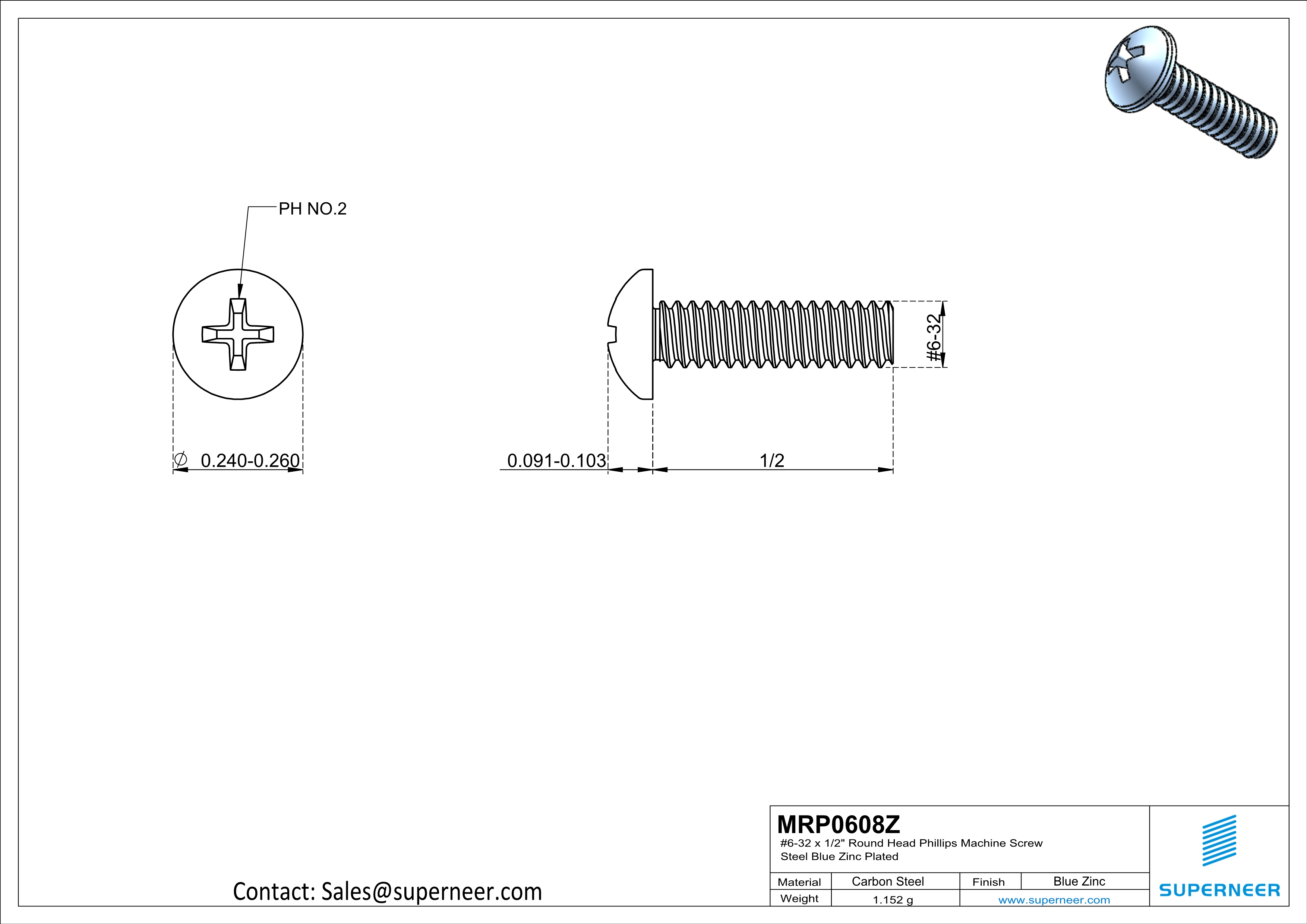 6-32 x 1/2" Round Head Phillips Machine Screw Steel Blue Zinc Plated