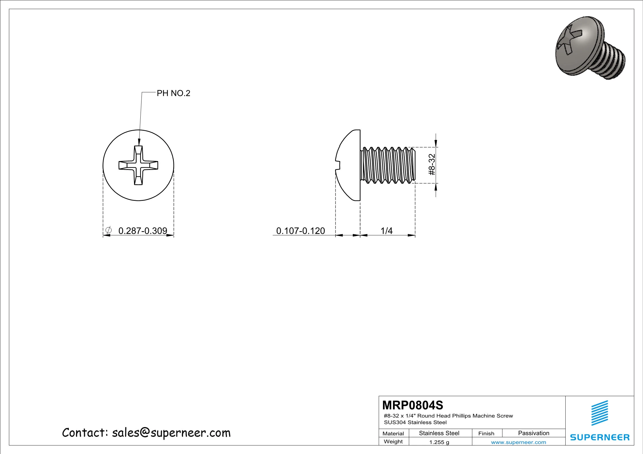 8-32 x 1/4" Round Head Phillips Machine Screw SUS304 Stainless Steel Inox