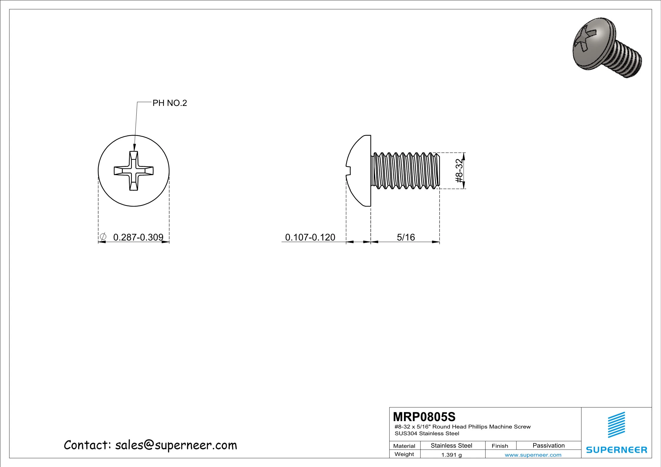 8-32 x 5/16" Round Head Phillips Machine Screw SUS304 Stainless Steel Inox