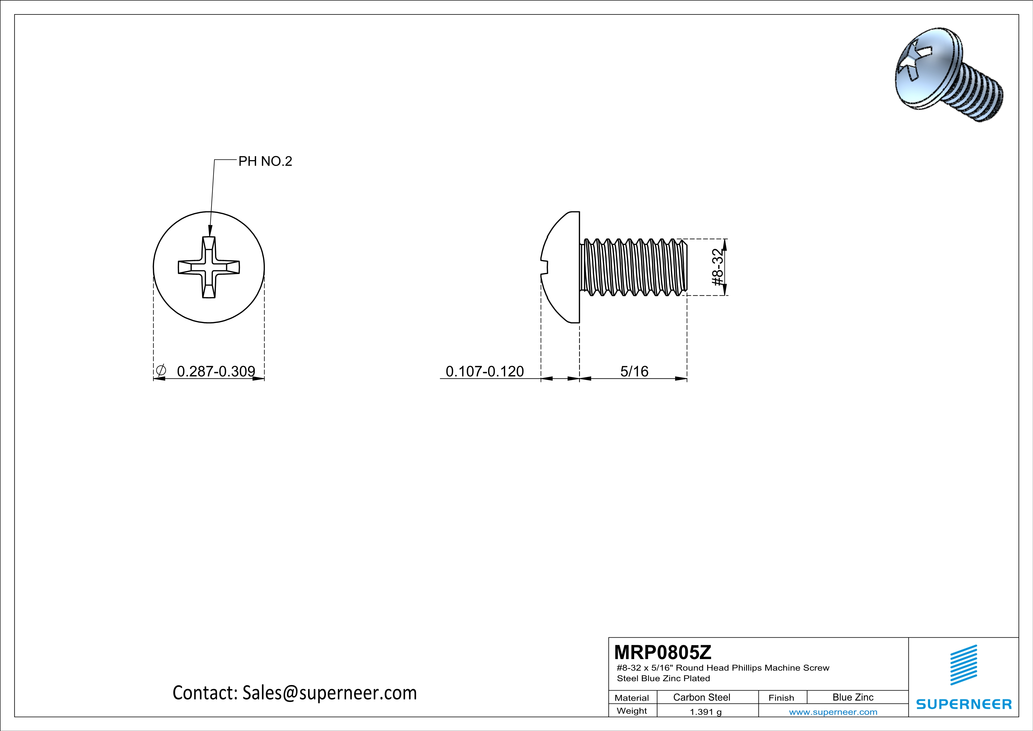 8-32 x 5/16" Round Head Phillips Machine Screw Steel Blue Zinc Plated