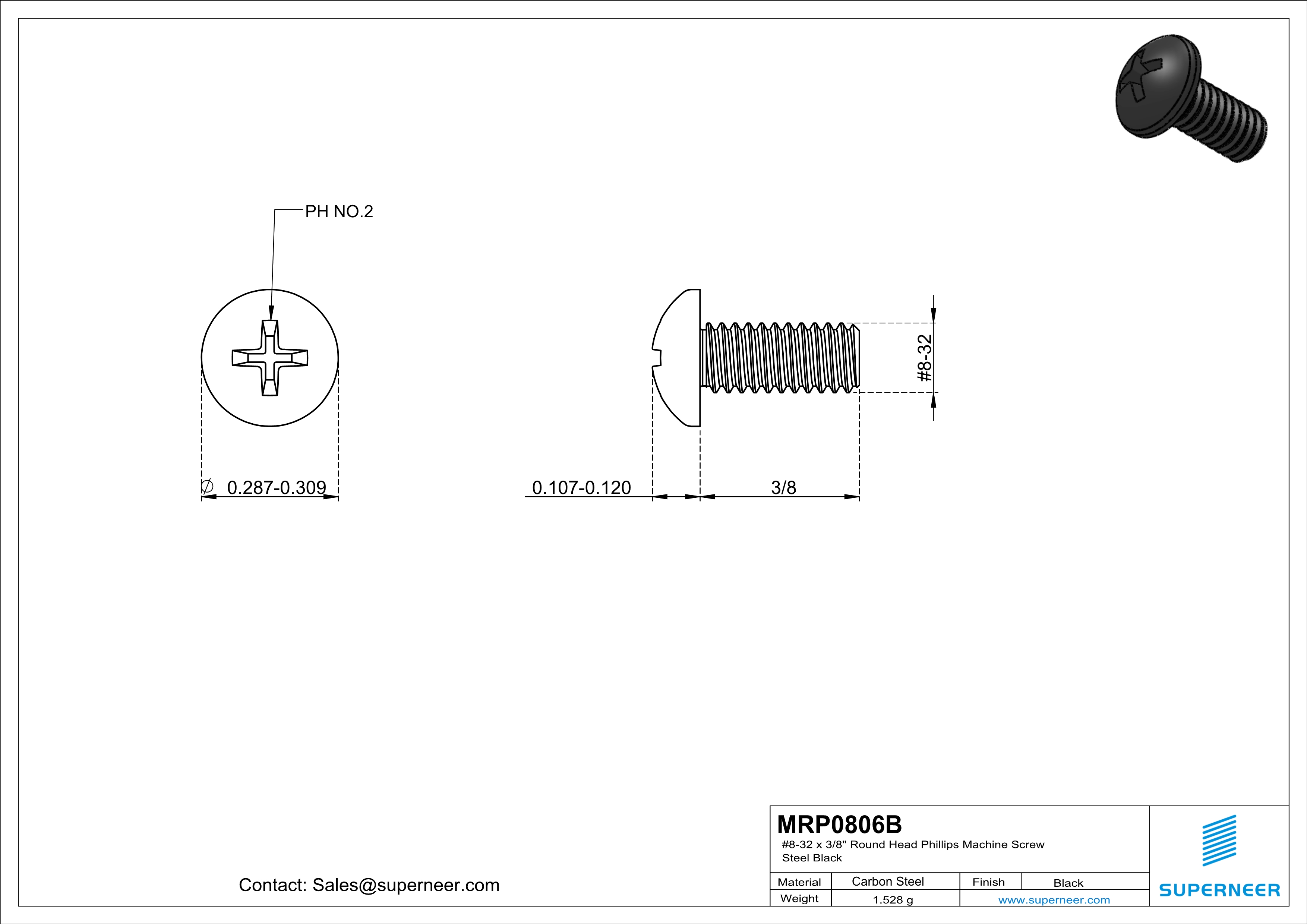 8-32 x 3/8" Round Head Phillips Machine Screw Steel Black