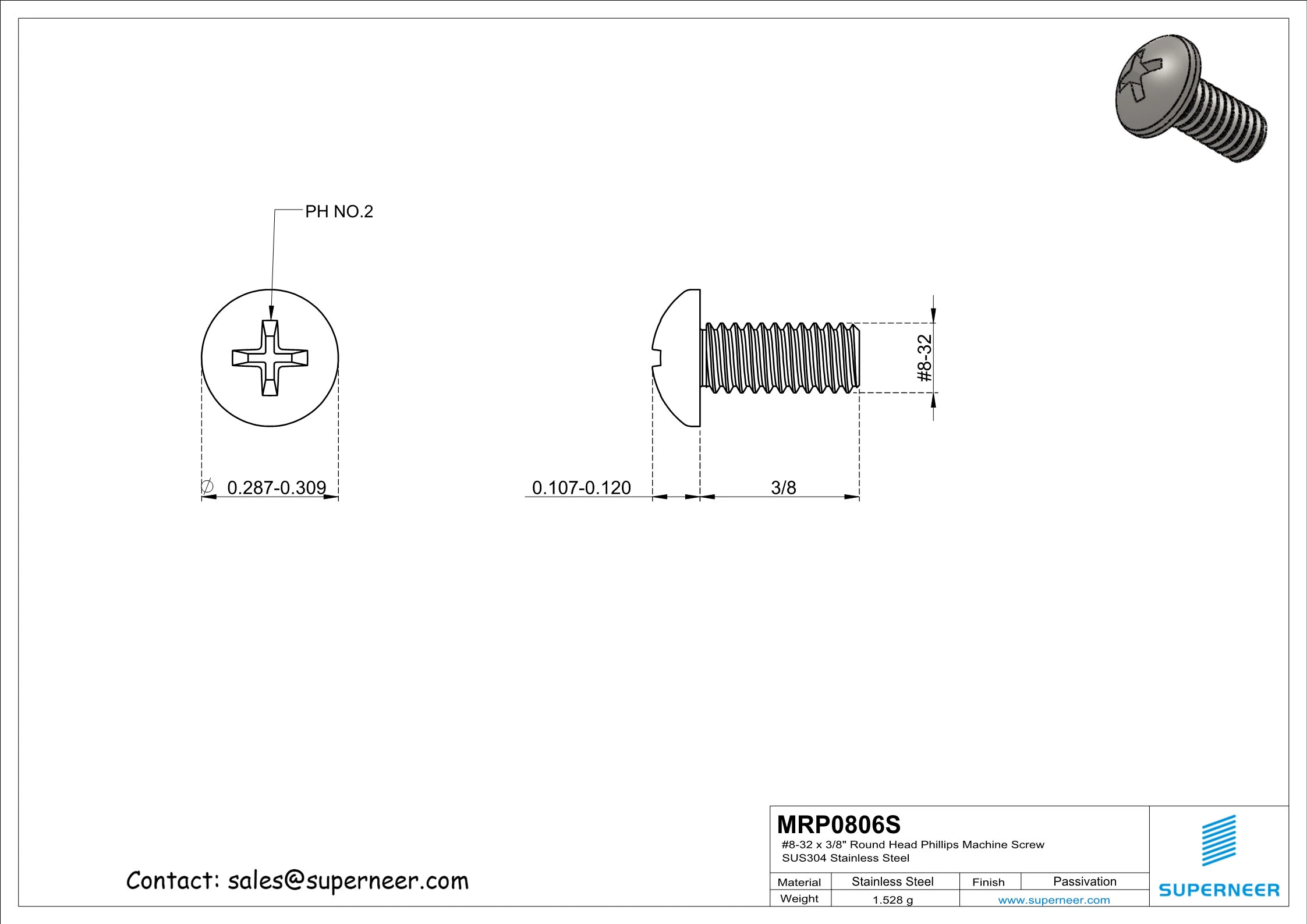 8-32 x 3/8" Round Head Phillips Machine Screw SUS304 Stainless Steel Inox