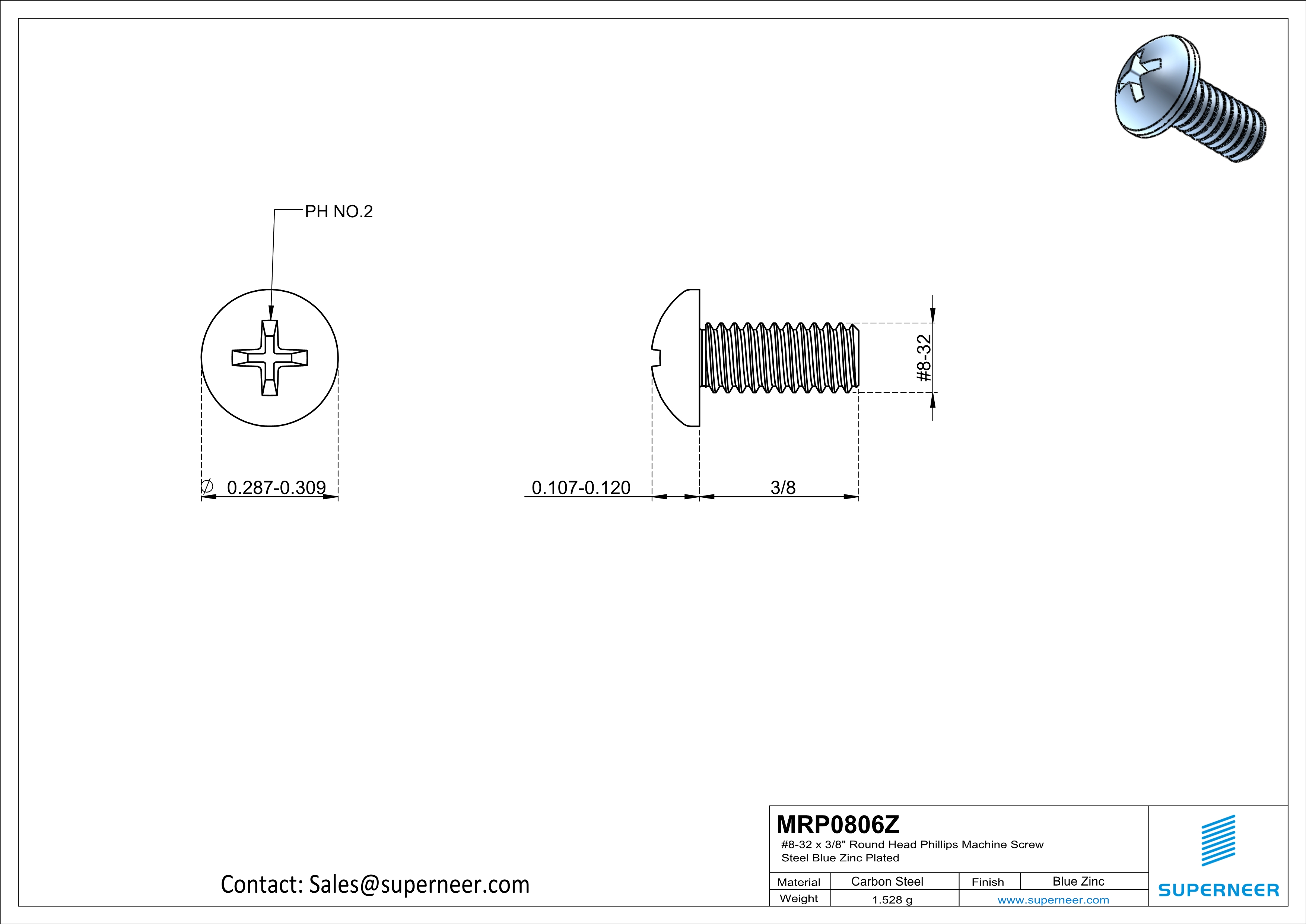 8-32 x 3/8" Round Head Phillips Machine Screw Steel Blue Zinc Plated