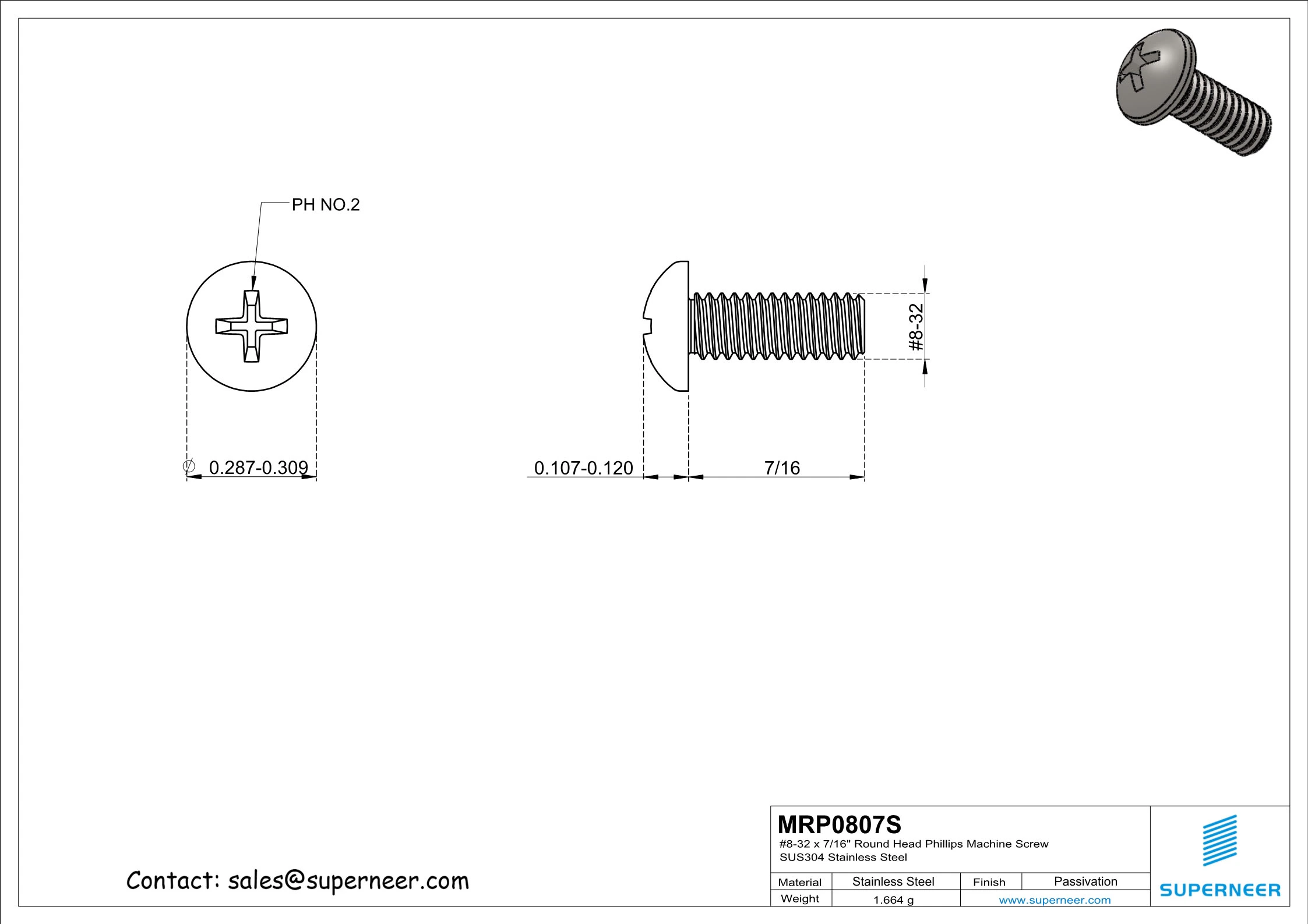 8-32 x 7/16" Round Head Phillips Machine Screw SUS304 Stainless Steel Inox