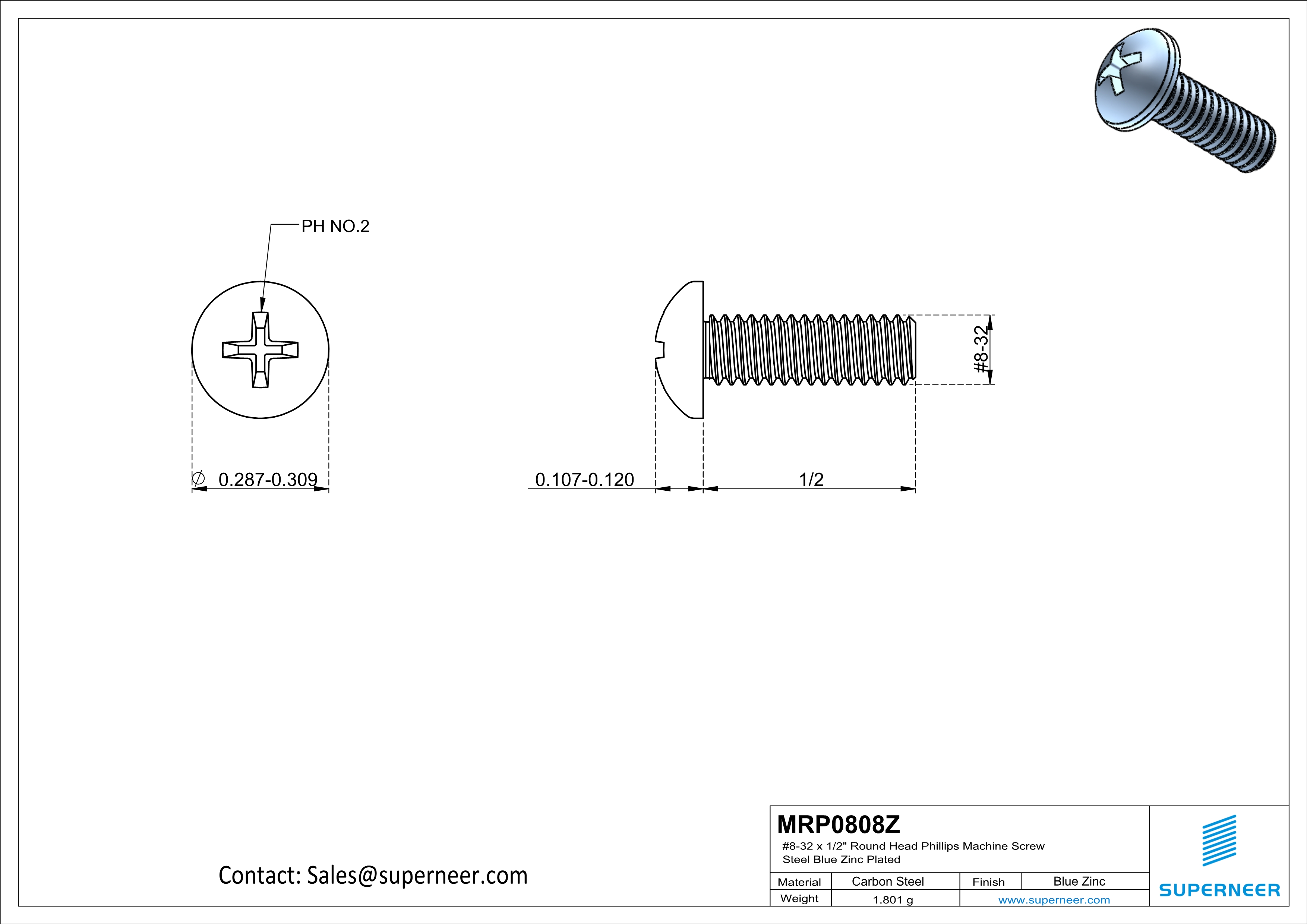 8-32 x 1/2" Round Head Phillips Machine Screw Steel Blue Zinc Plated