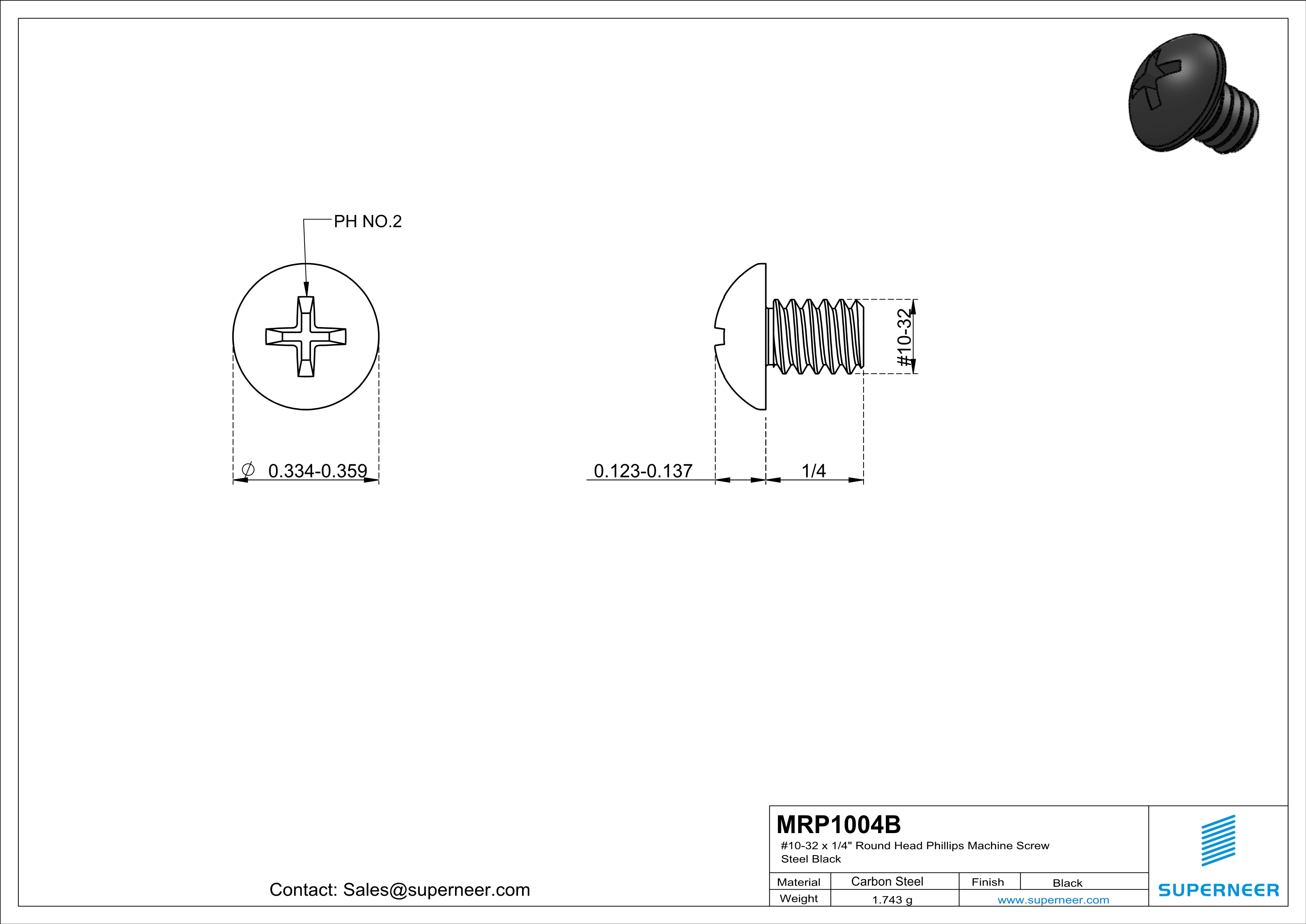 10-32 x 1/4" Round Head Phillips Machine Screw Steel Black