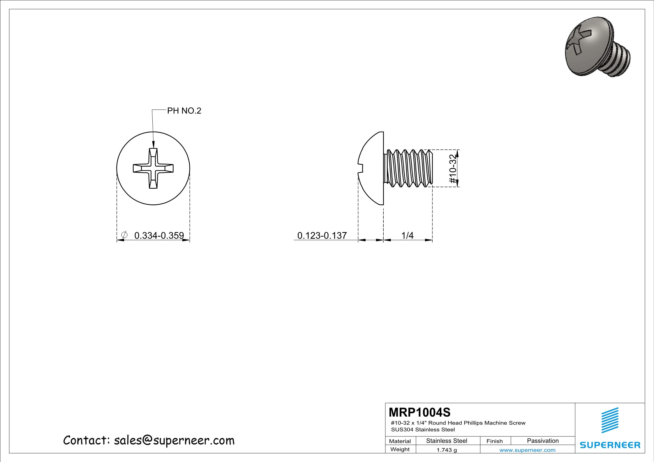 10-32 x 1/4" Round Head Phillips Machine Screw SUS304 Stainless Steel Inox