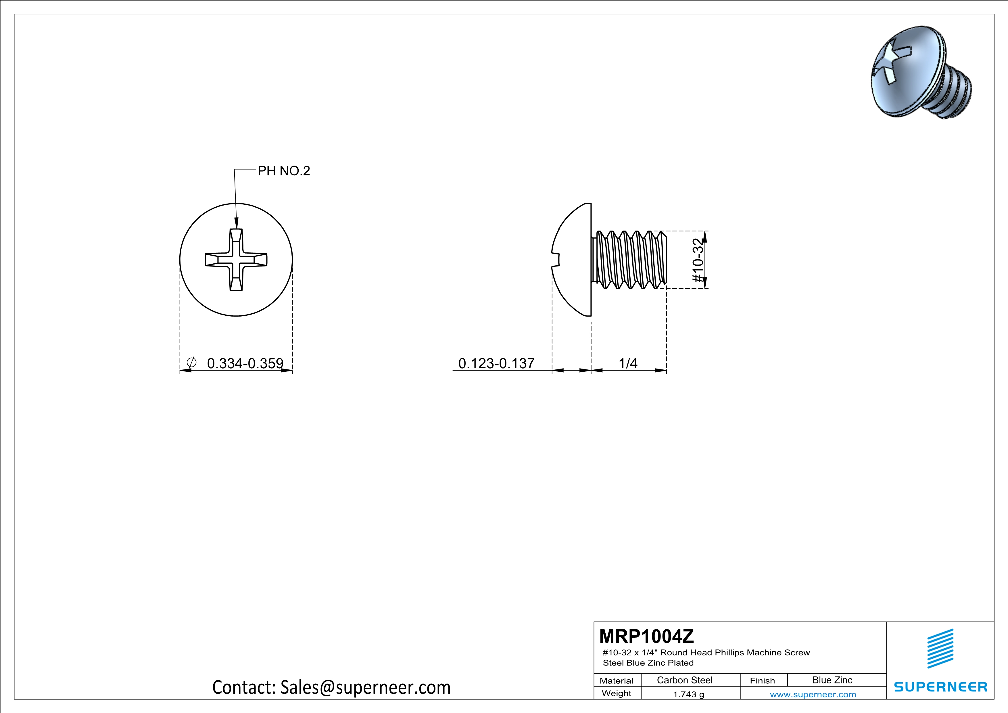 10-32 x 1/4" Round Head Phillips Machine Screw Steel Blue Zinc Plated