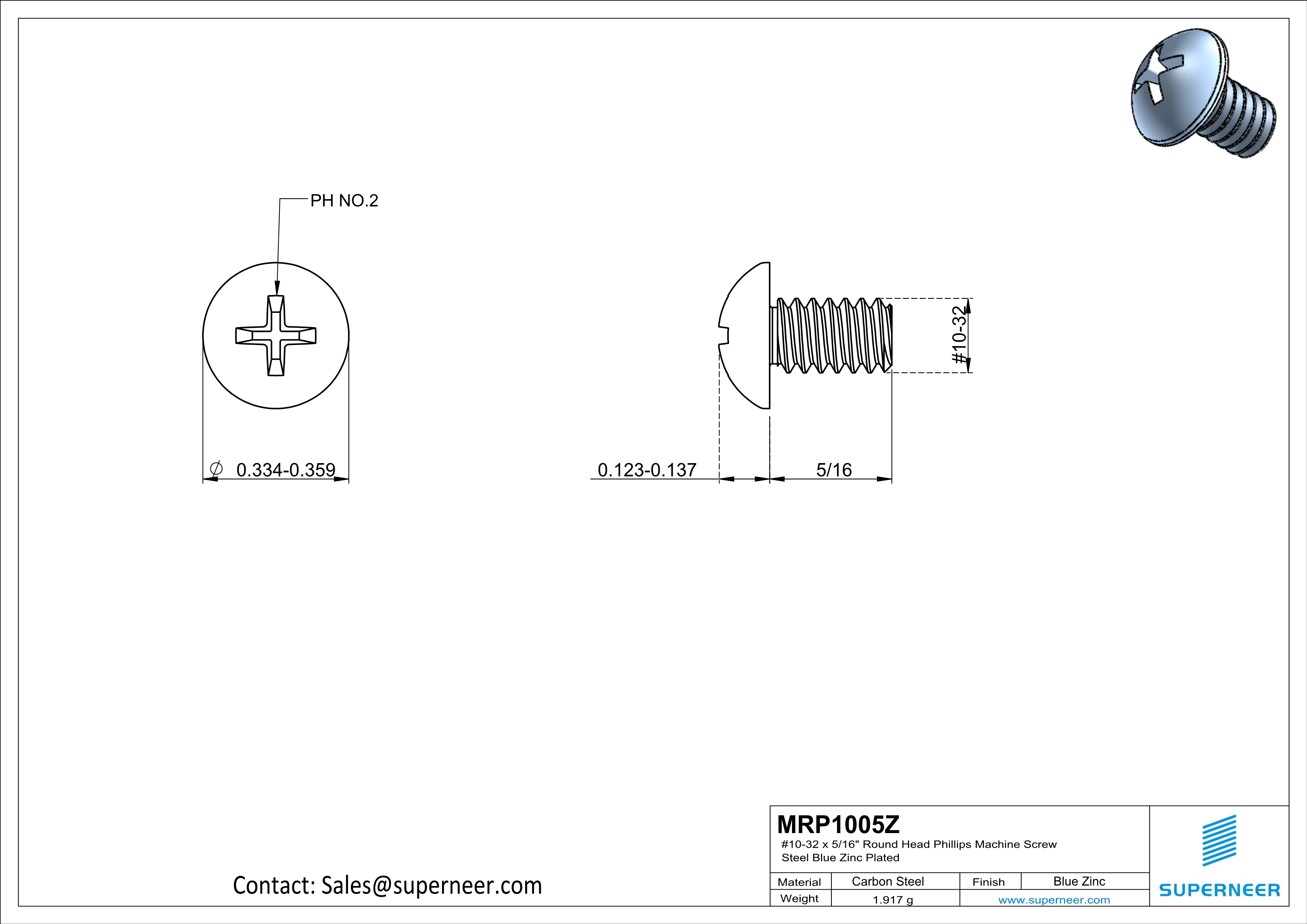 10-32 x 5/16" Round Head Phillips Machine Screw Steel Blue Zinc Plated