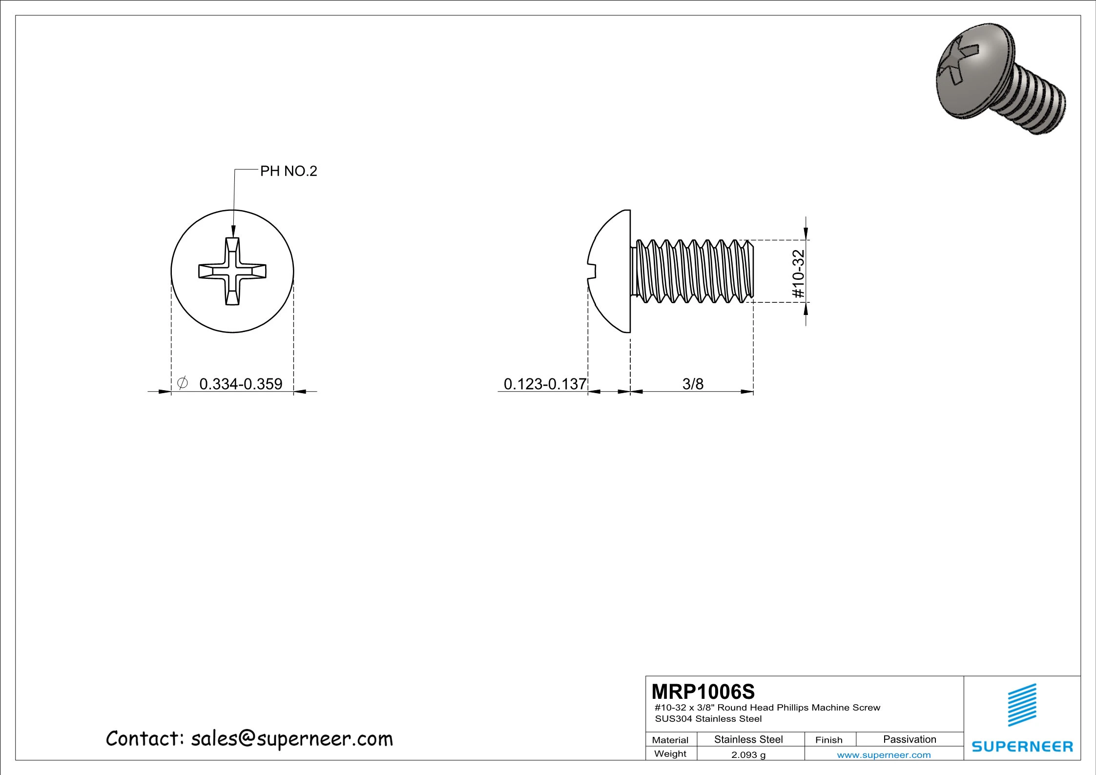 10-32 x 3/8" Round Head Phillips Machine Screw SUS304 Stainless Steel Inox