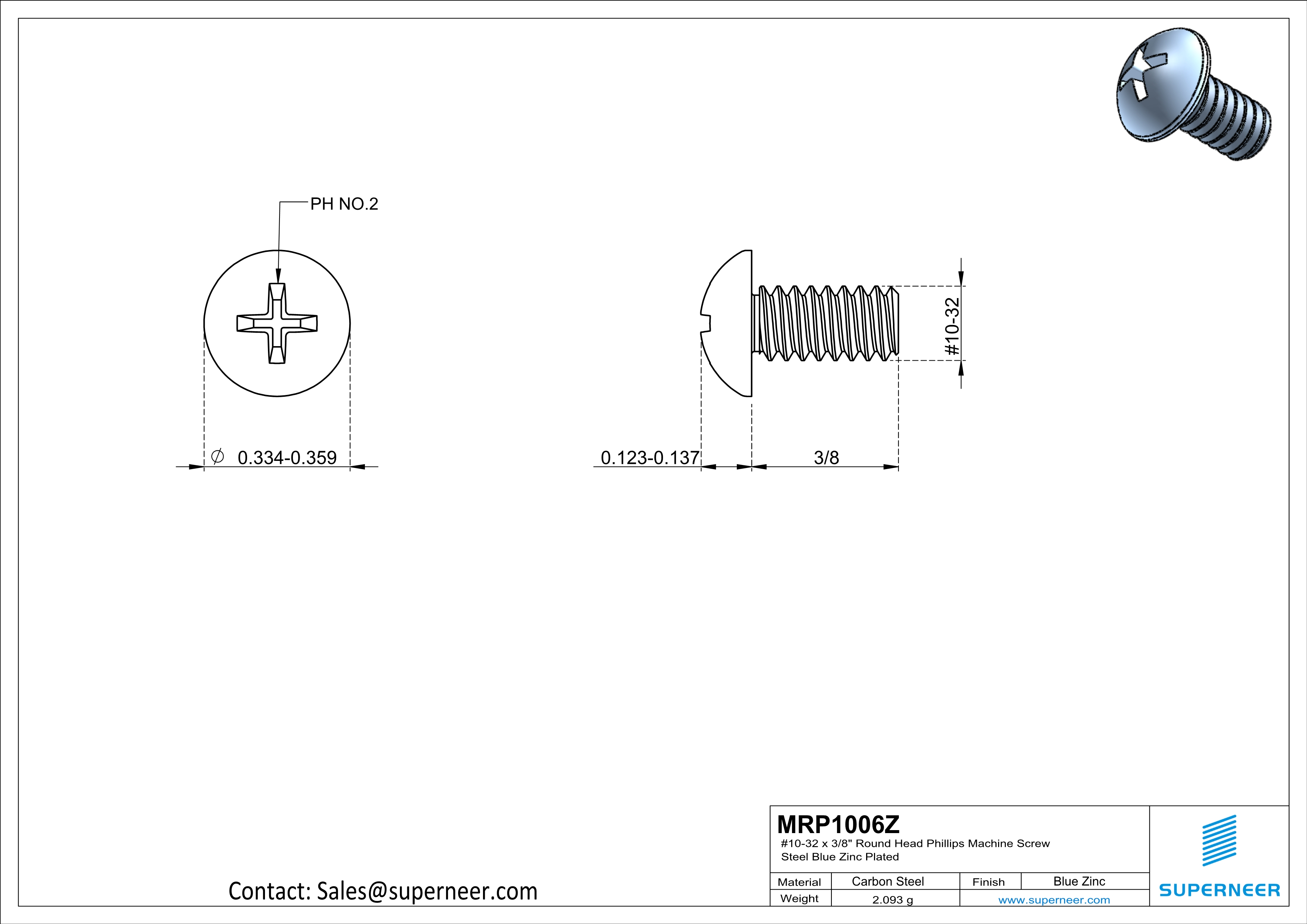 10-32 x 3/8" Round Head Phillips Machine Screw Steel Blue Zinc Plated