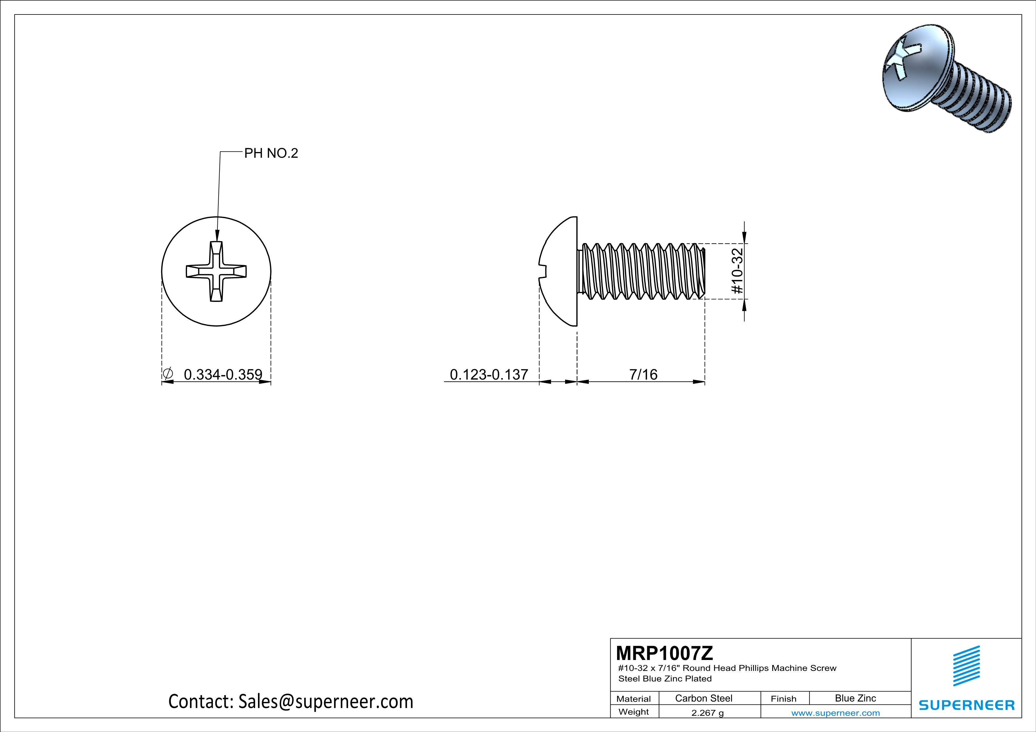 10-32 x 7/16" Round Head Phillips Machine Screw Steel Blue Zinc Plated