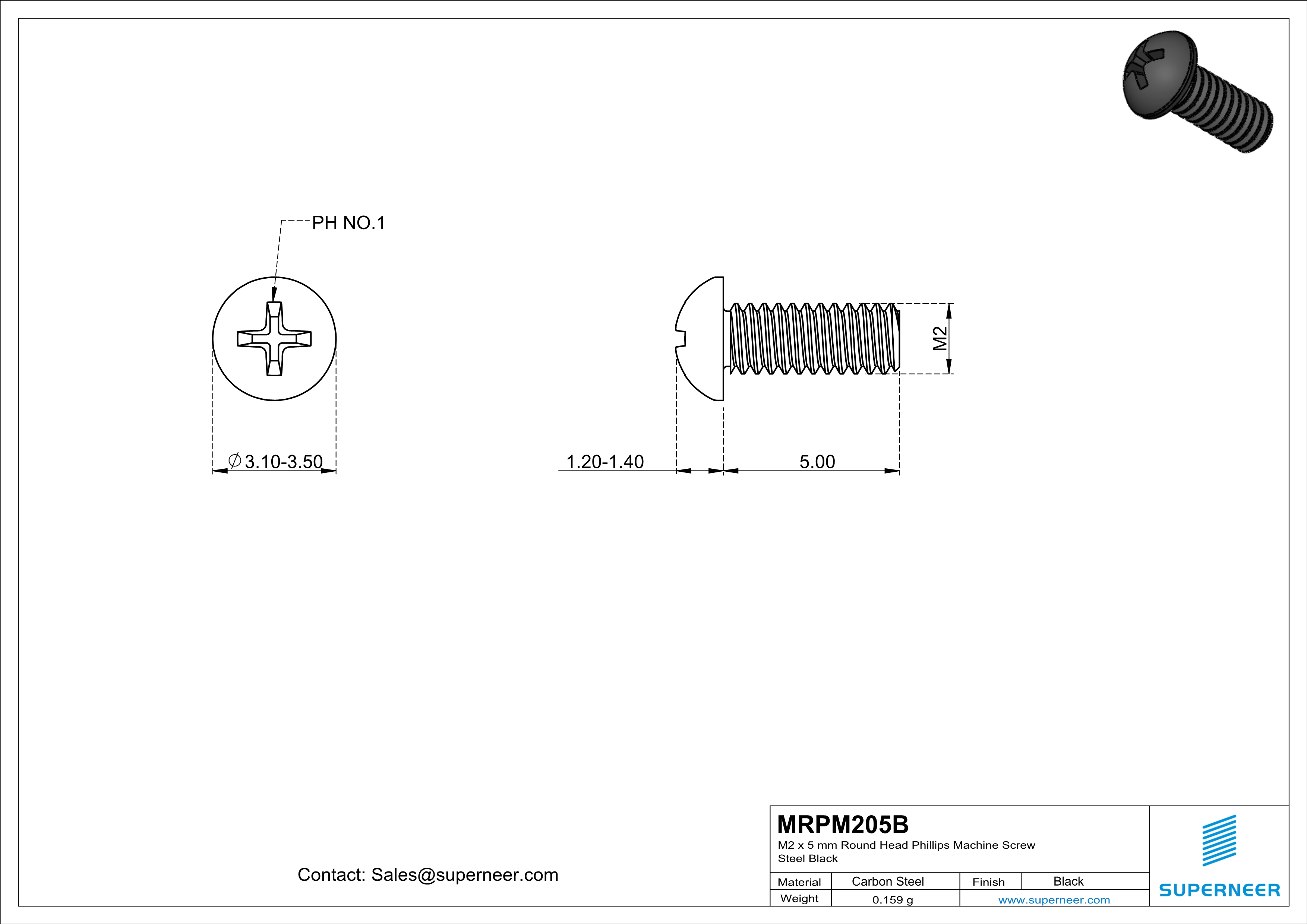 M2 x 5 mm Round Head Phillips Machine Screw Steel Black