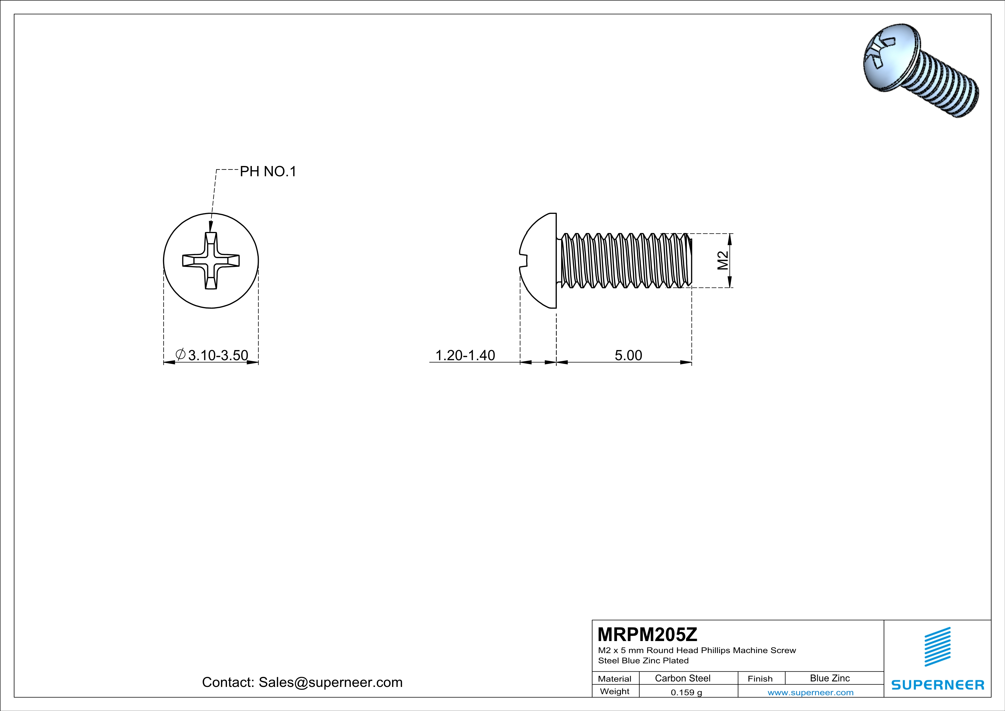 M2 x 5 mm Round Head Phillips Machine Screw Steel Blue Zinc Plated