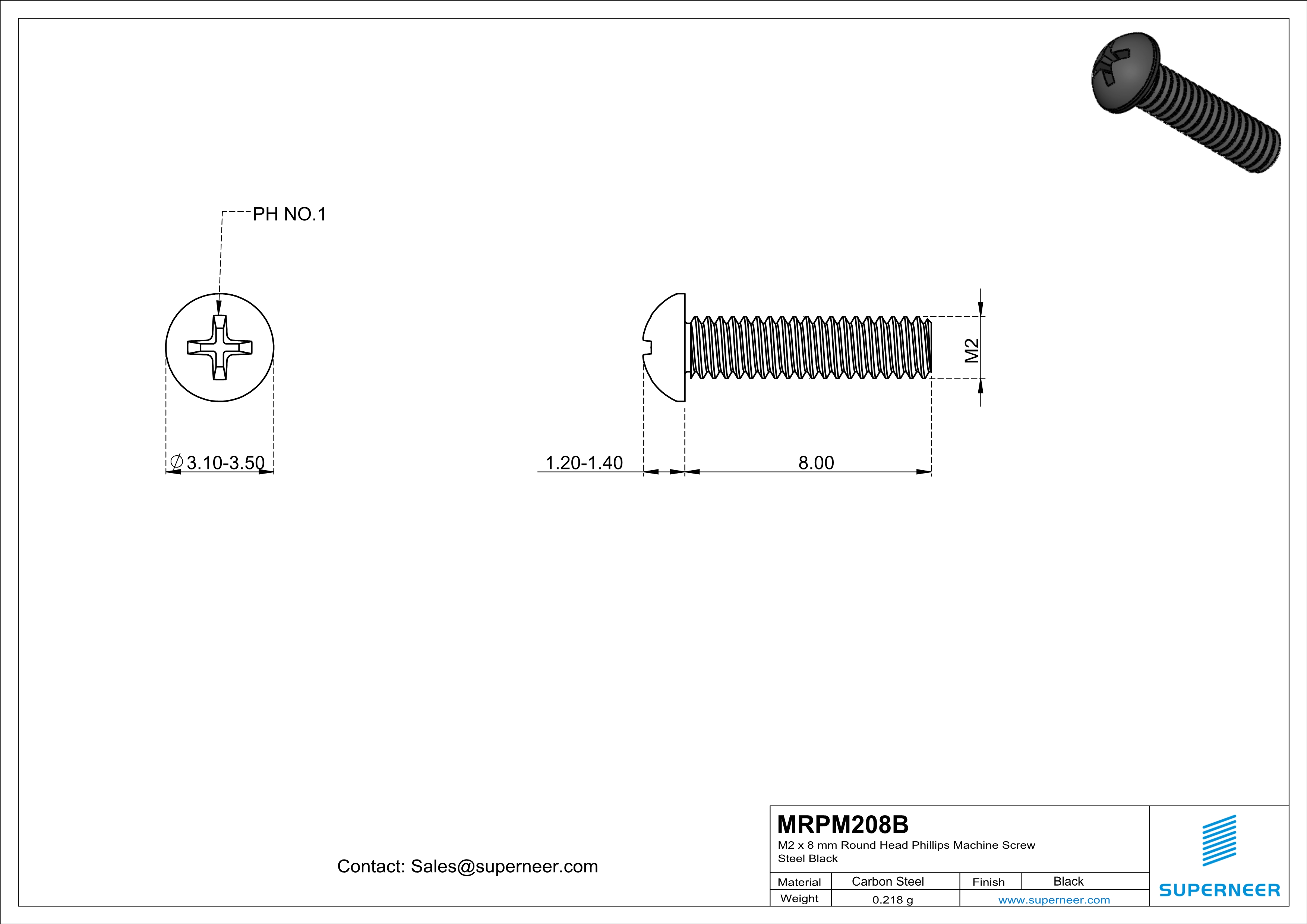 M2 x 8 mm Round Head Phillips Machine Screw Steel Black