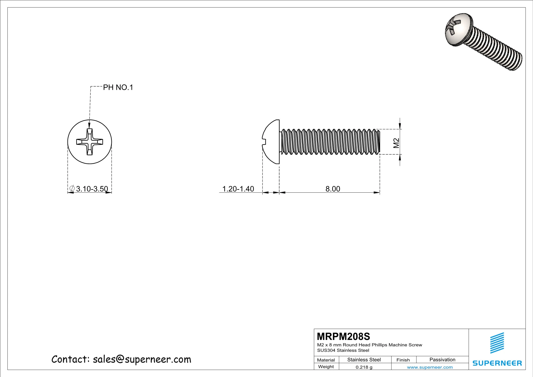 M2 x 8 mm Round Head Phillips Machine Screw SUS304 Stainless Steel Inox