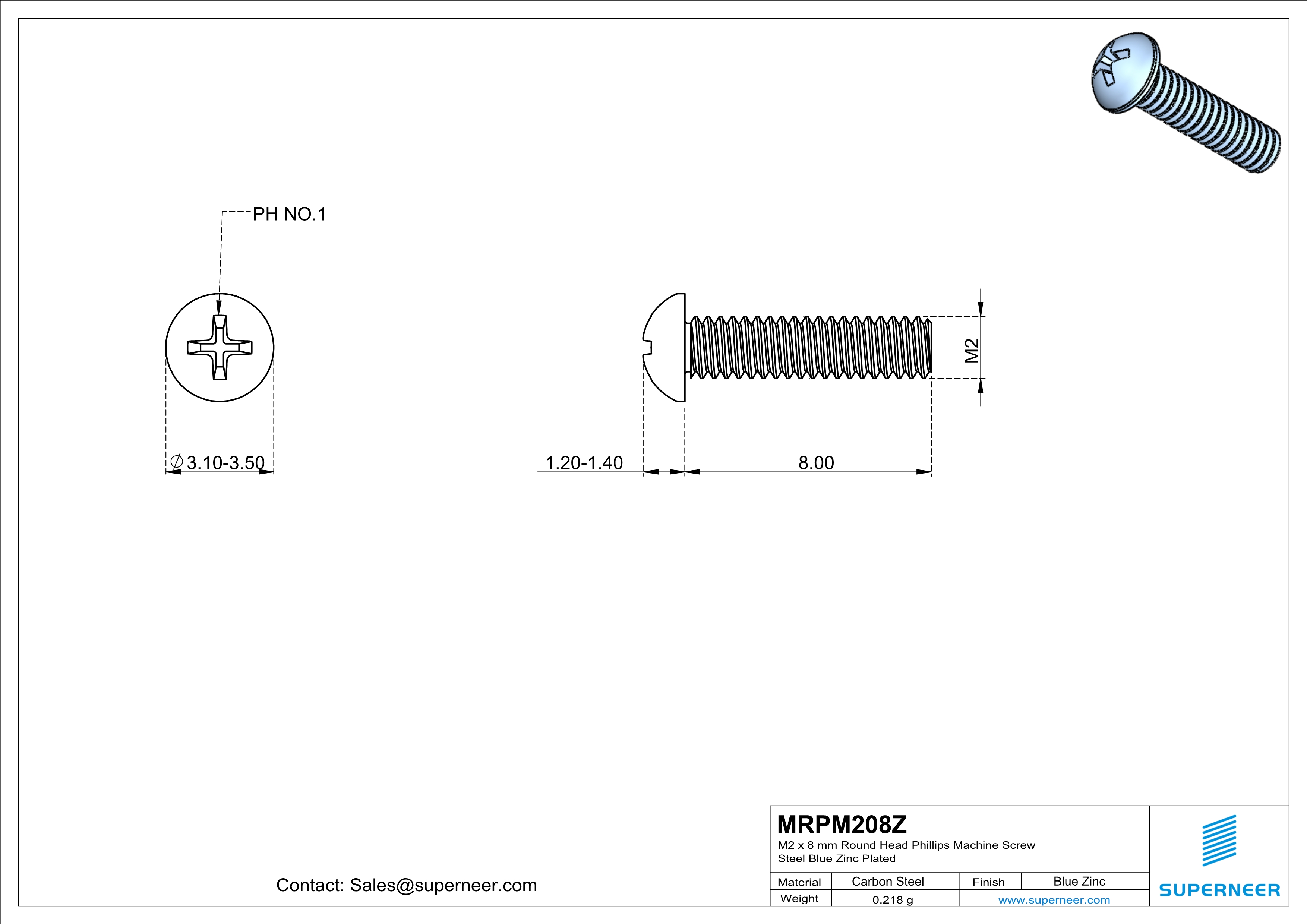 M2 x 8 mm Round Head Phillips Machine Screw Steel Blue Zinc Plated