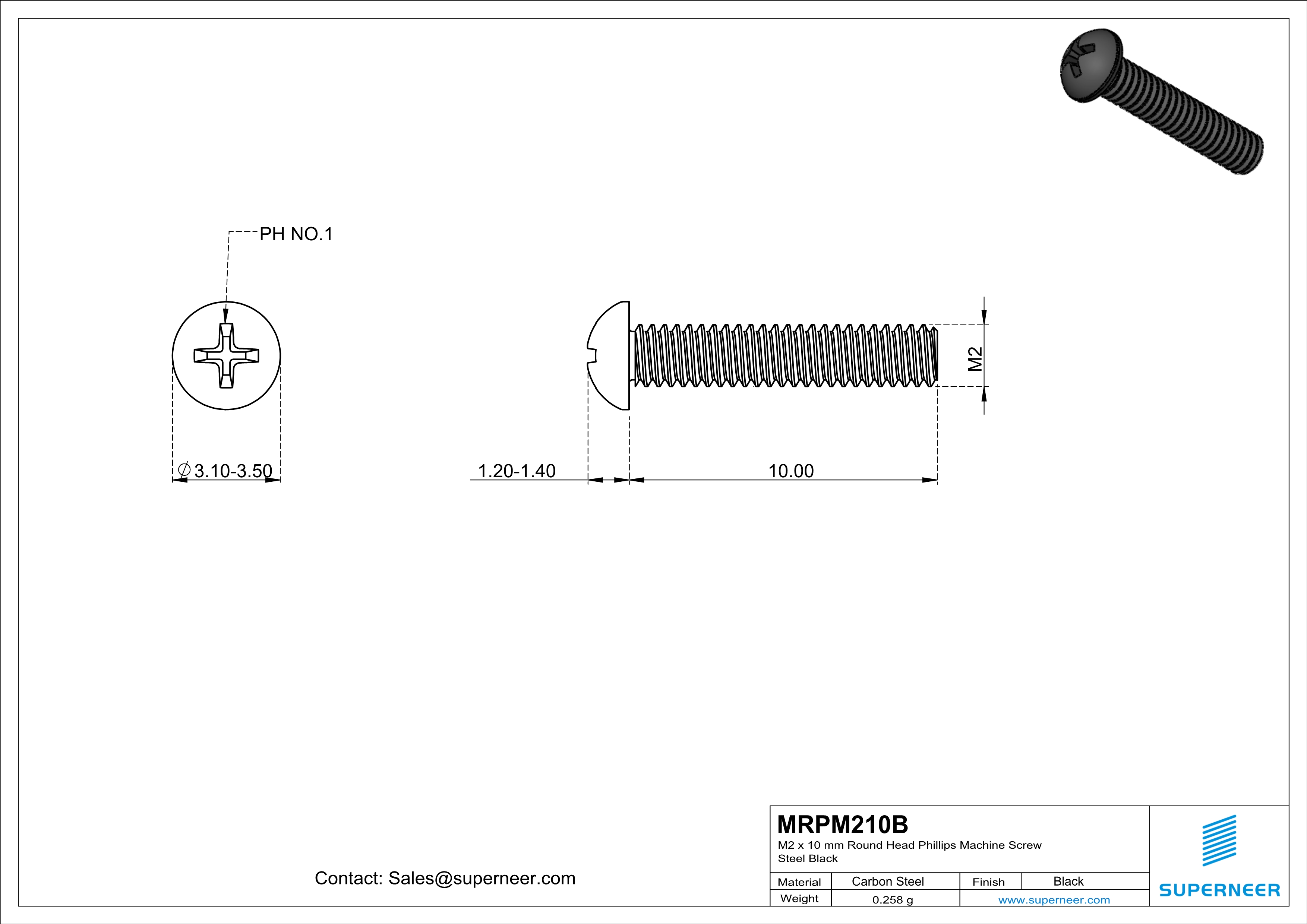 M2 x 10 mm Round Head Phillips Machine Screw Steel Black