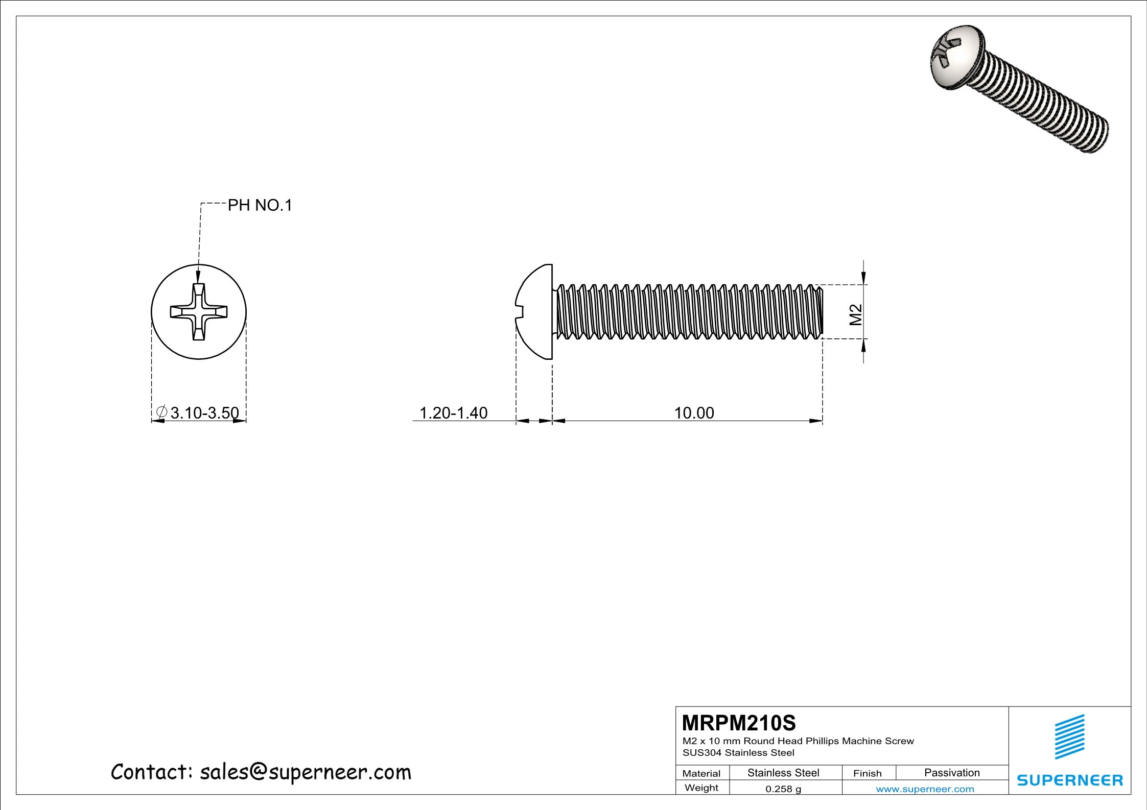 M2 x 10 mm Round Head Phillips Machine Screw SUS304 Stainless Steel Inox