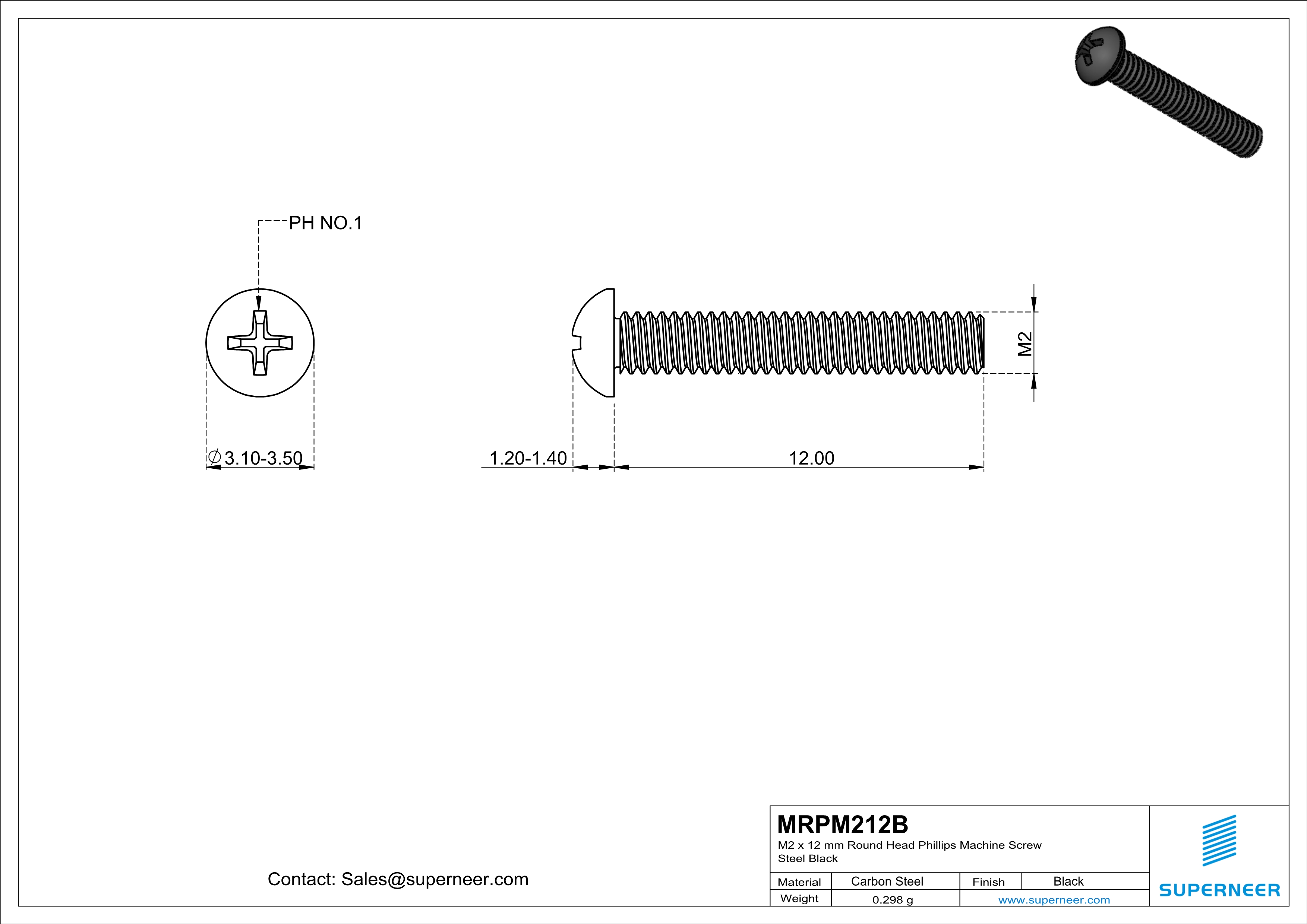 M2 x 12 mm Round Head Phillips Machine Screw Steel Black