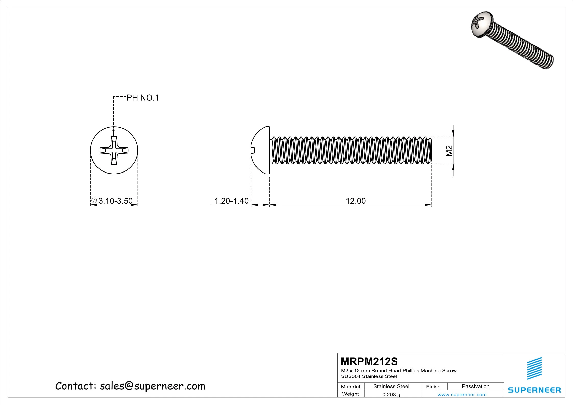 M2 x 12 mm Round Head Phillips Machine Screw SUS304 Stainless Steel Inox