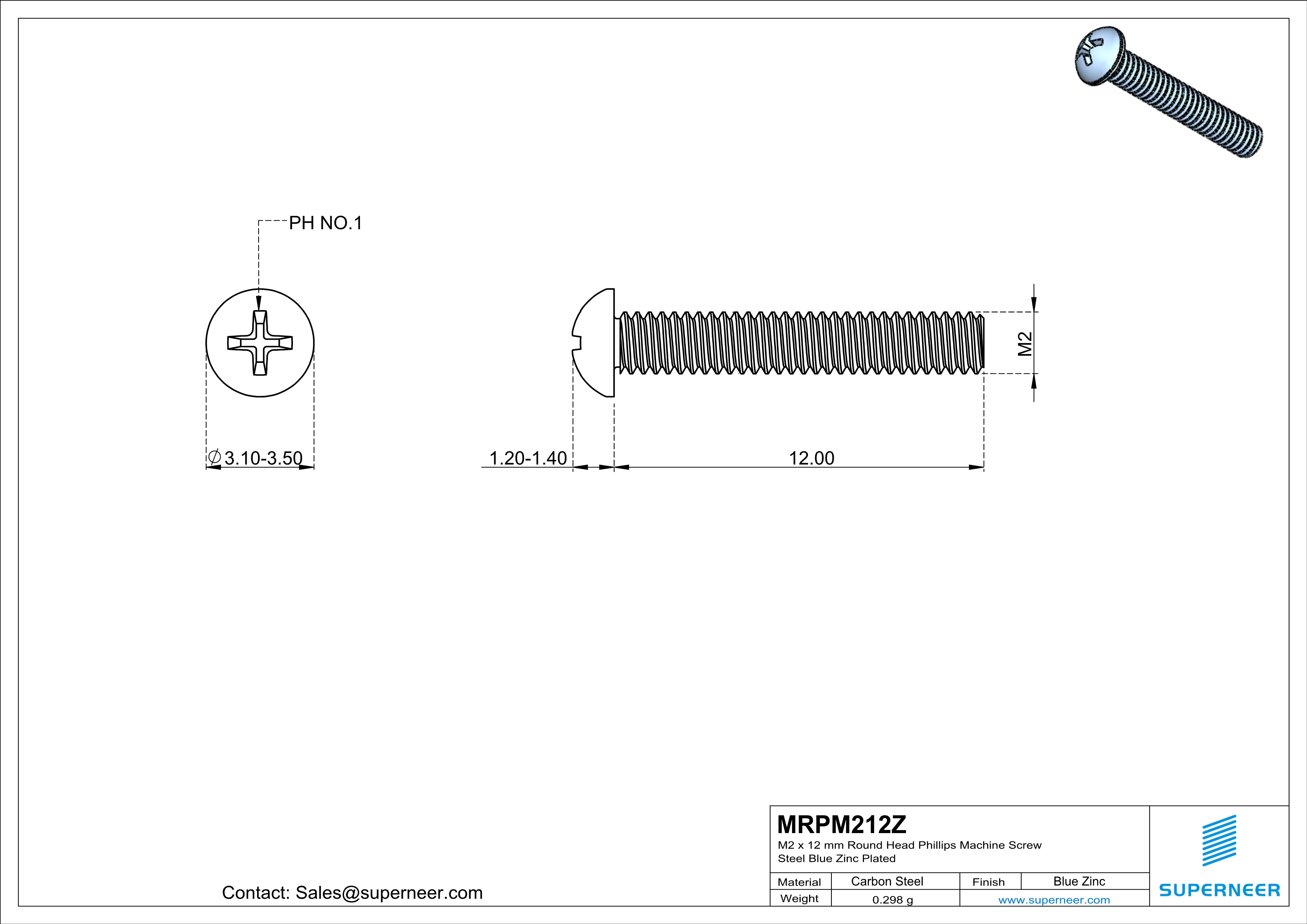 M2 x 12 mm Round Head Phillips Machine Screw Steel Blue Zinc Plated