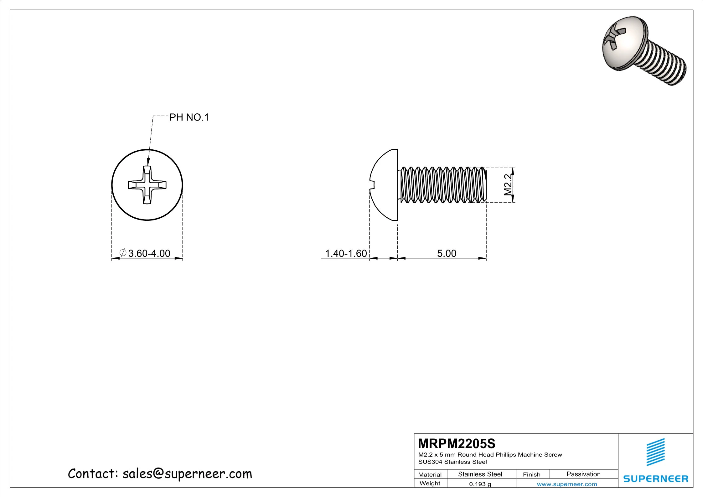 M2.2 x 5 mm Round Head Phillips Machine Screw SUS304 Stainless Steel Inox