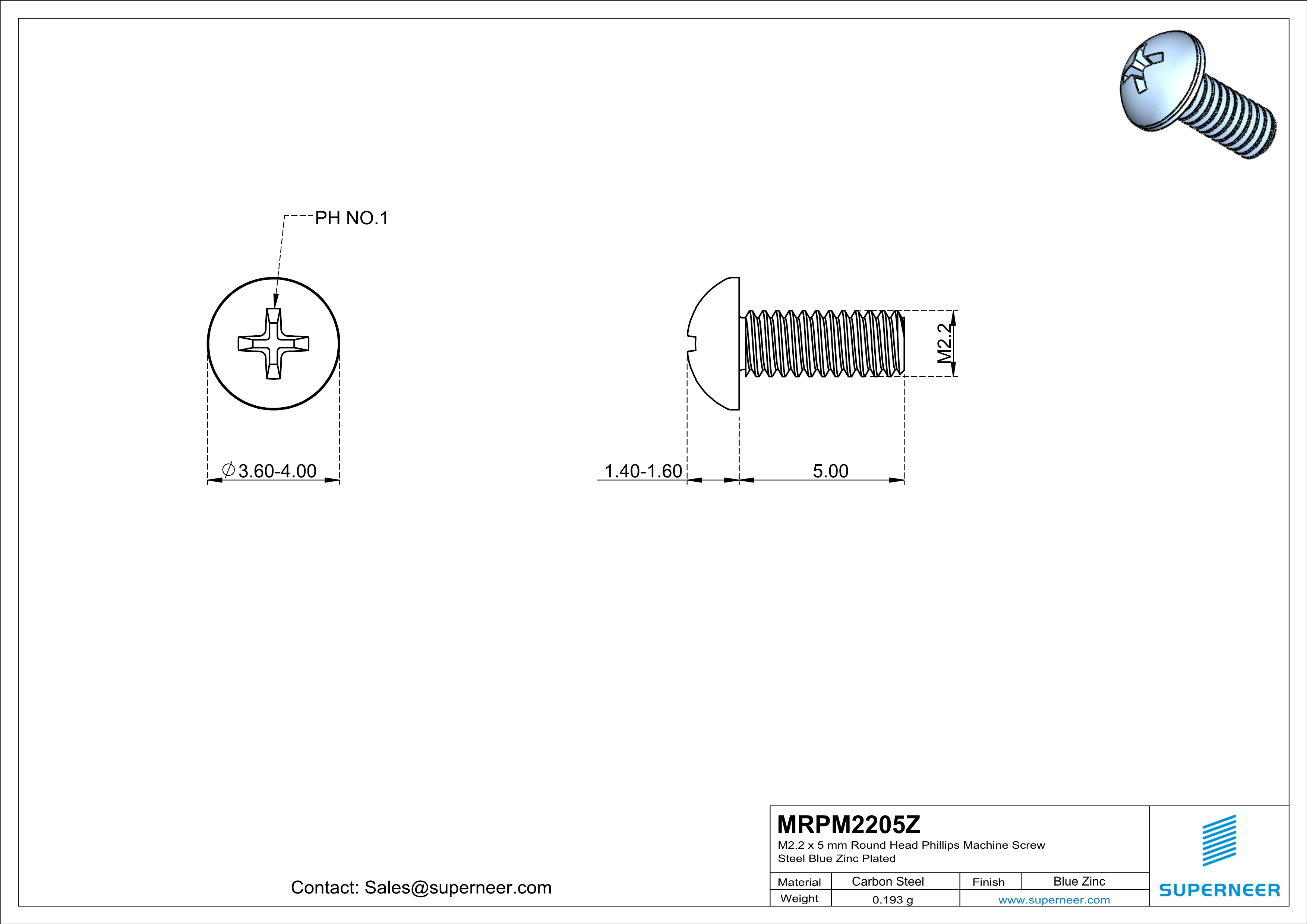 M2.2 x 5 mm Round Head Phillips Machine Screw Steel Blue Zinc Plated