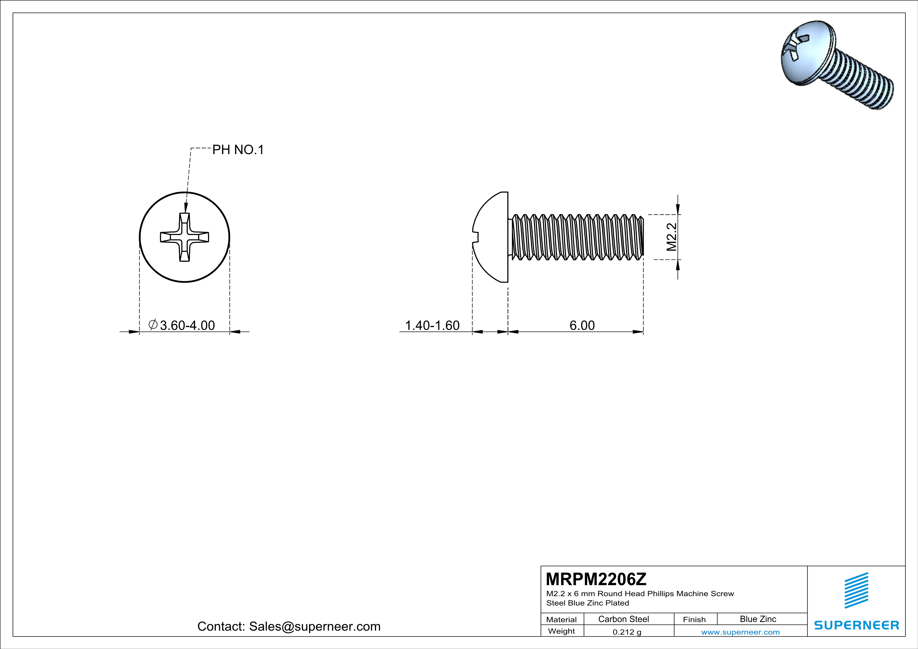 M2.2 x 6 mm Round Head Phillips Machine Screw Steel Blue Zinc Plated