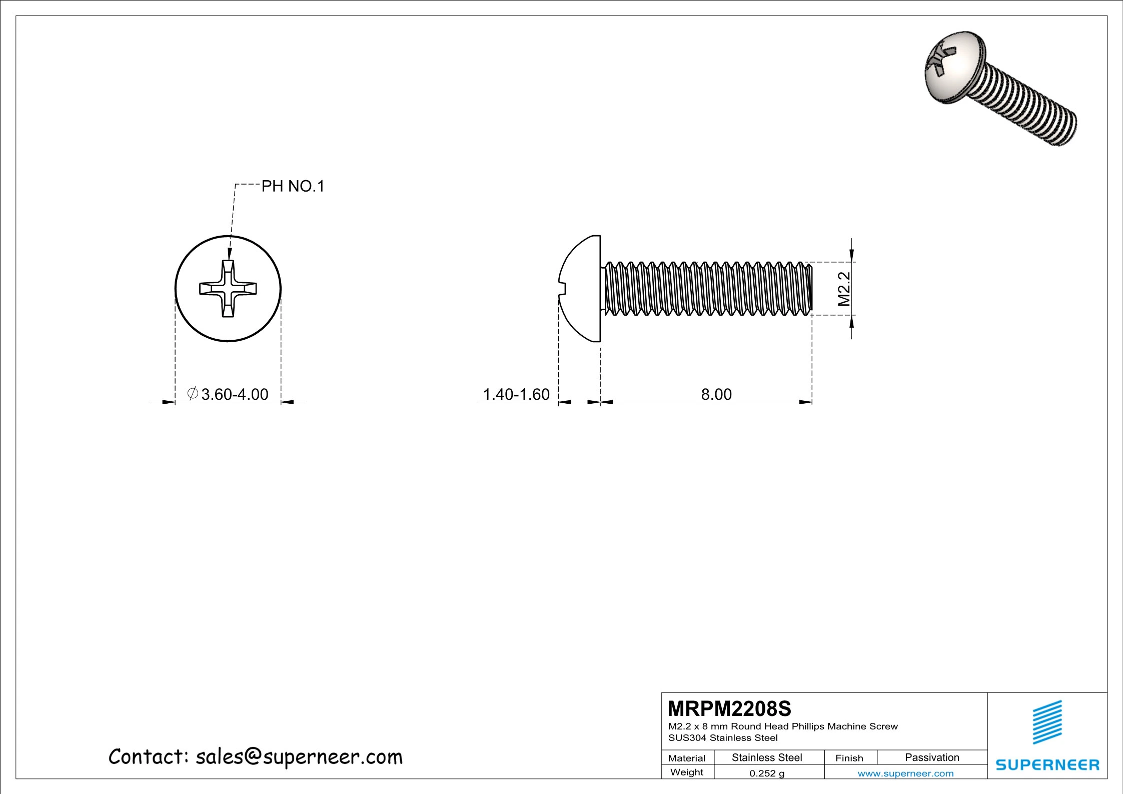 M2.2  x 8 mm Round Head Phillips Machine Screw SUS304 Stainless Steel Inox