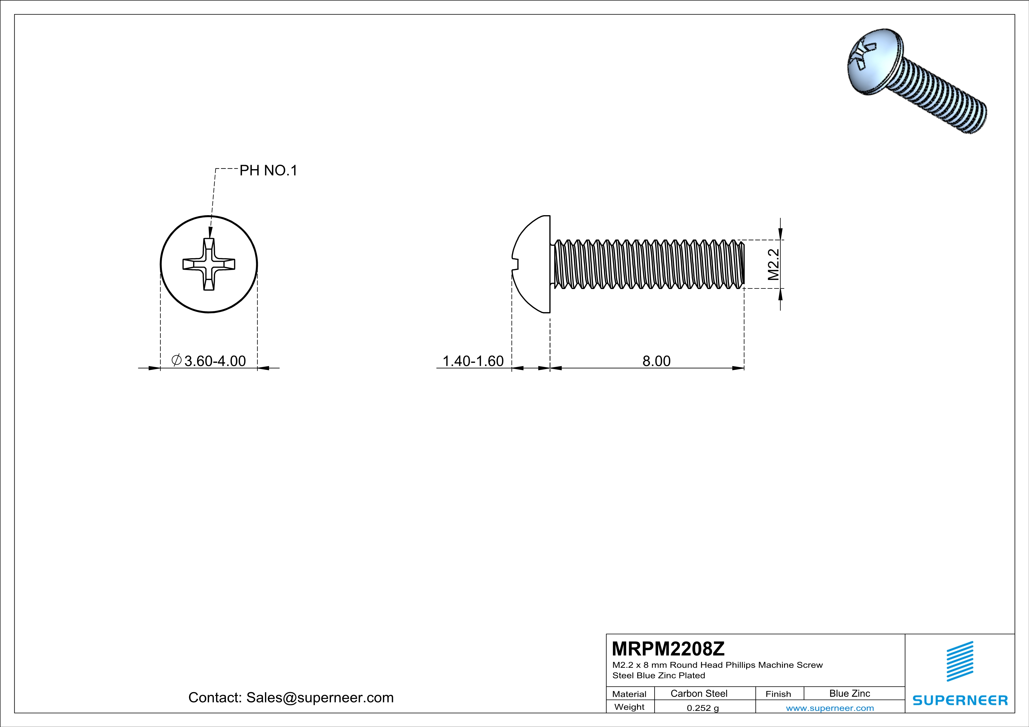 M2.2 x 8 mm Round Head Phillips Machine Screw Steel Blue Zinc Plated