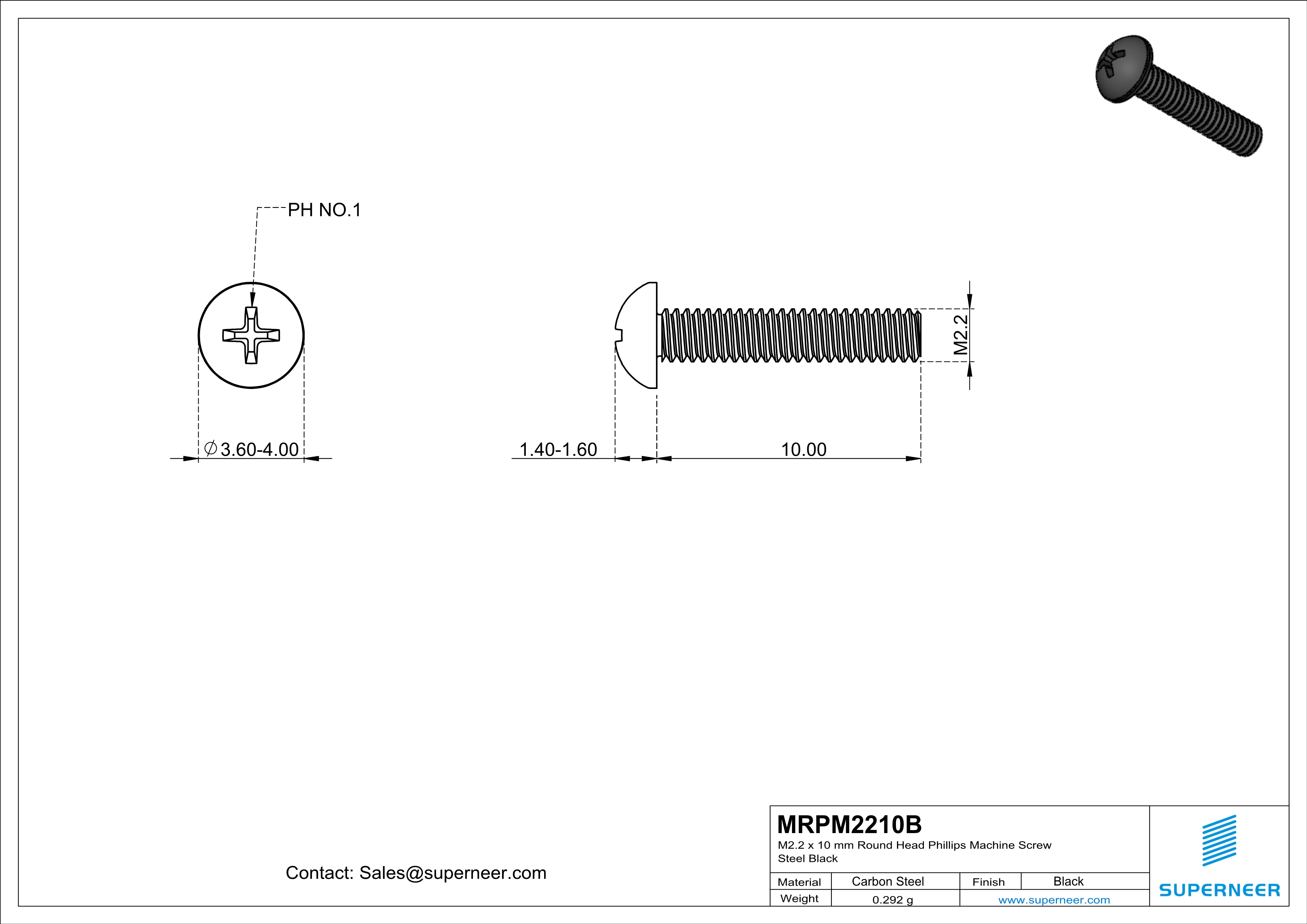 M2.2 x 10 mm Round Head Phillips Machine Screw Steel Black