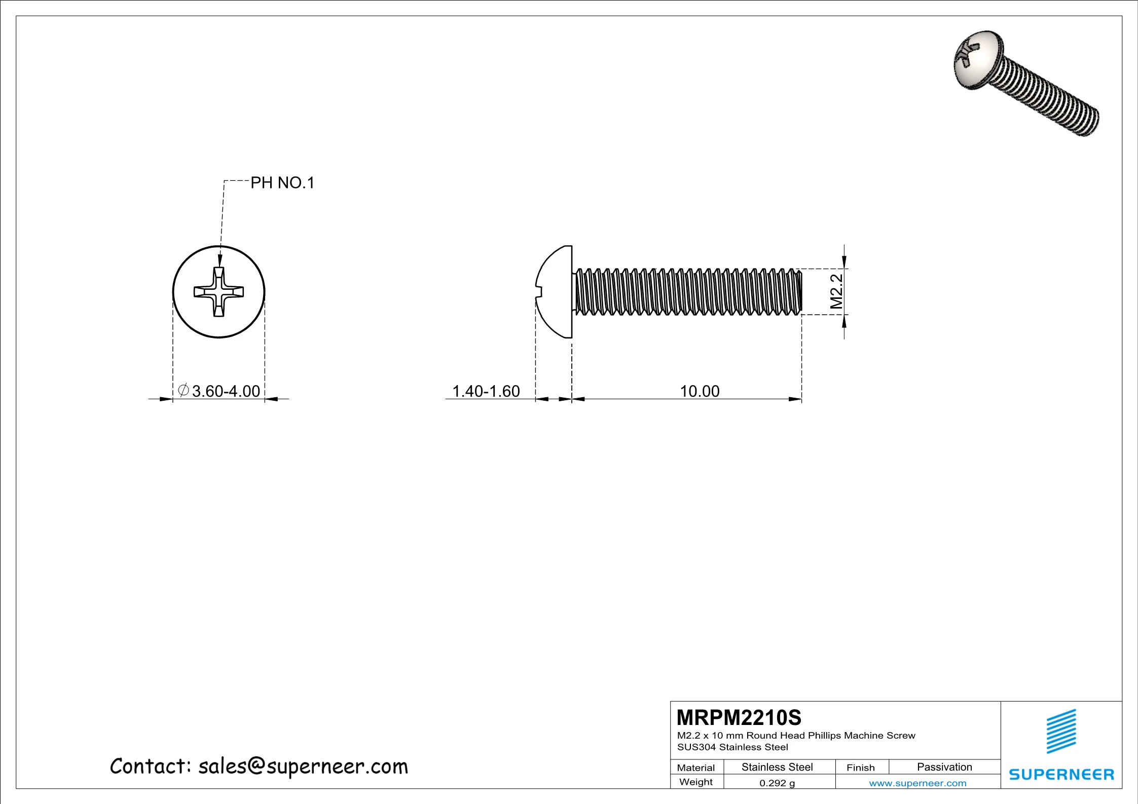 M2.2 x 10 mm Round Head Phillips Machine Screw SUS304 Stainless Steel Inox