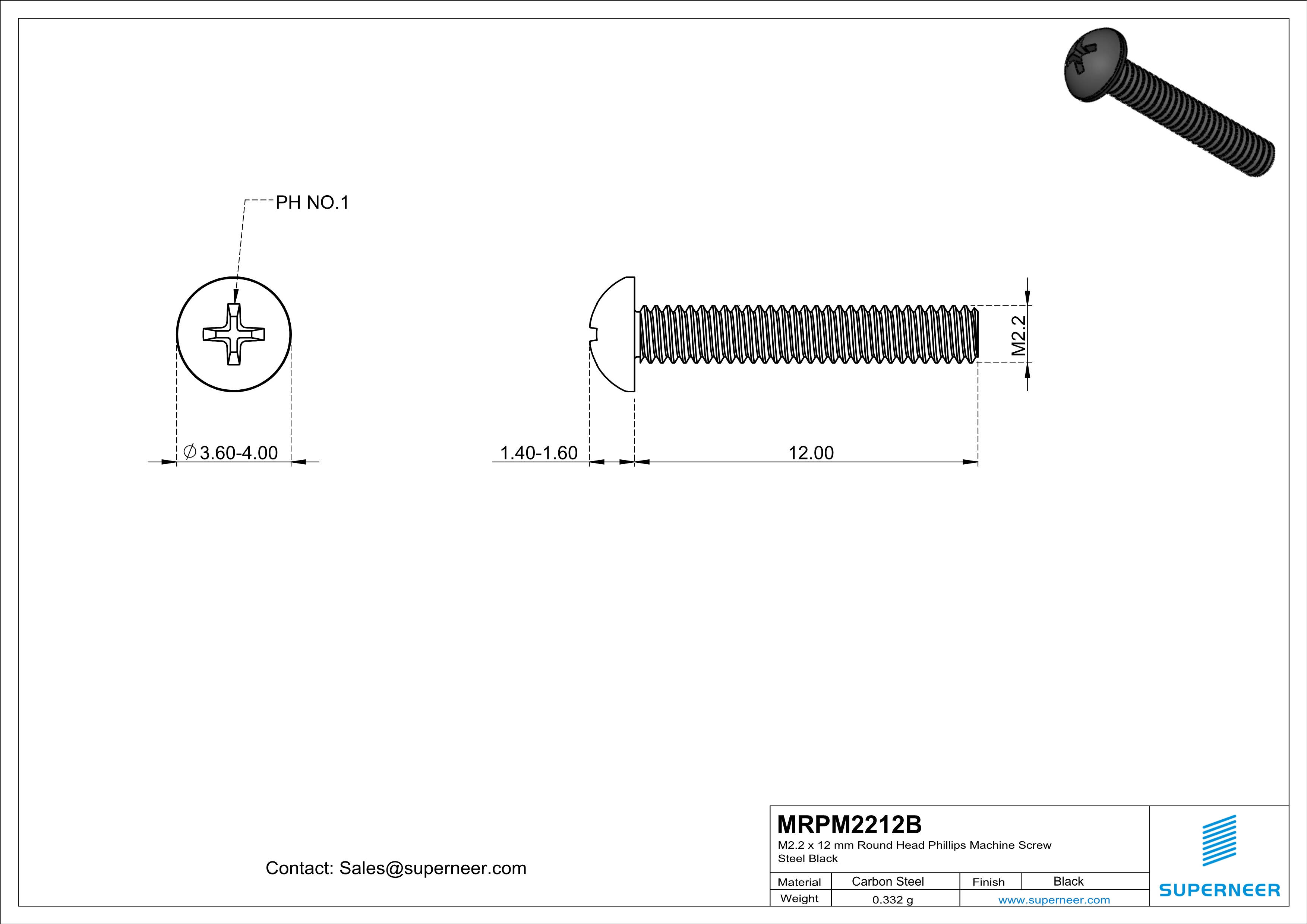 M2.2 x 12 mm Round Head Phillips Machine Screw Steel Black