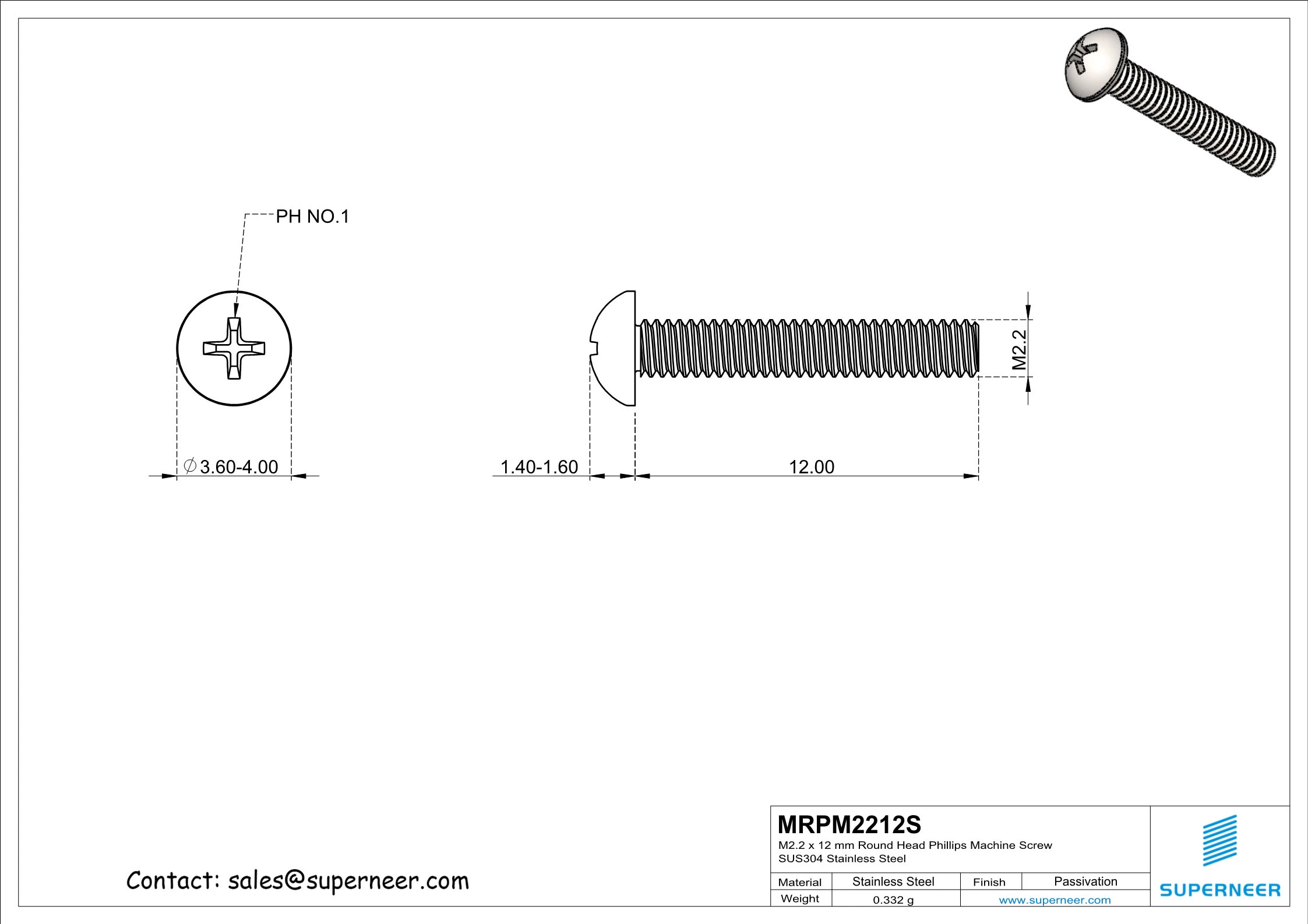 M2.2  x 12 mm Round Head Phillips Machine Screw SUS304 Stainless Steel Inox