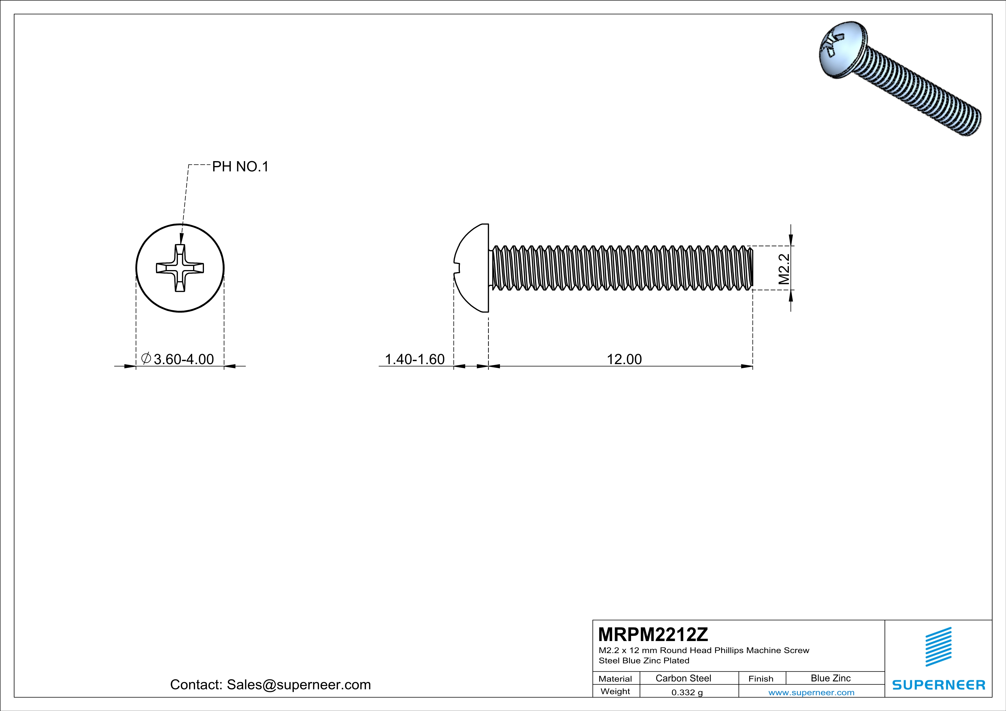 M2.2 x 12 mm Round Head Phillips Machine Screw Steel Blue Zinc Plated