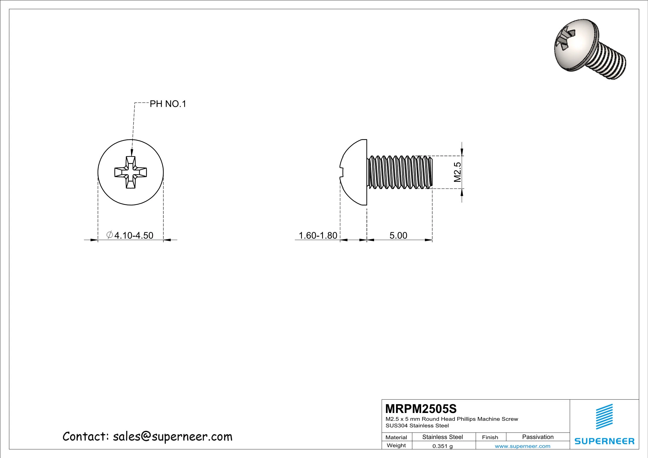 M2.5 x 5 mm Round Head Phillips Machine Screw SUS304 Stainless Steel Inox